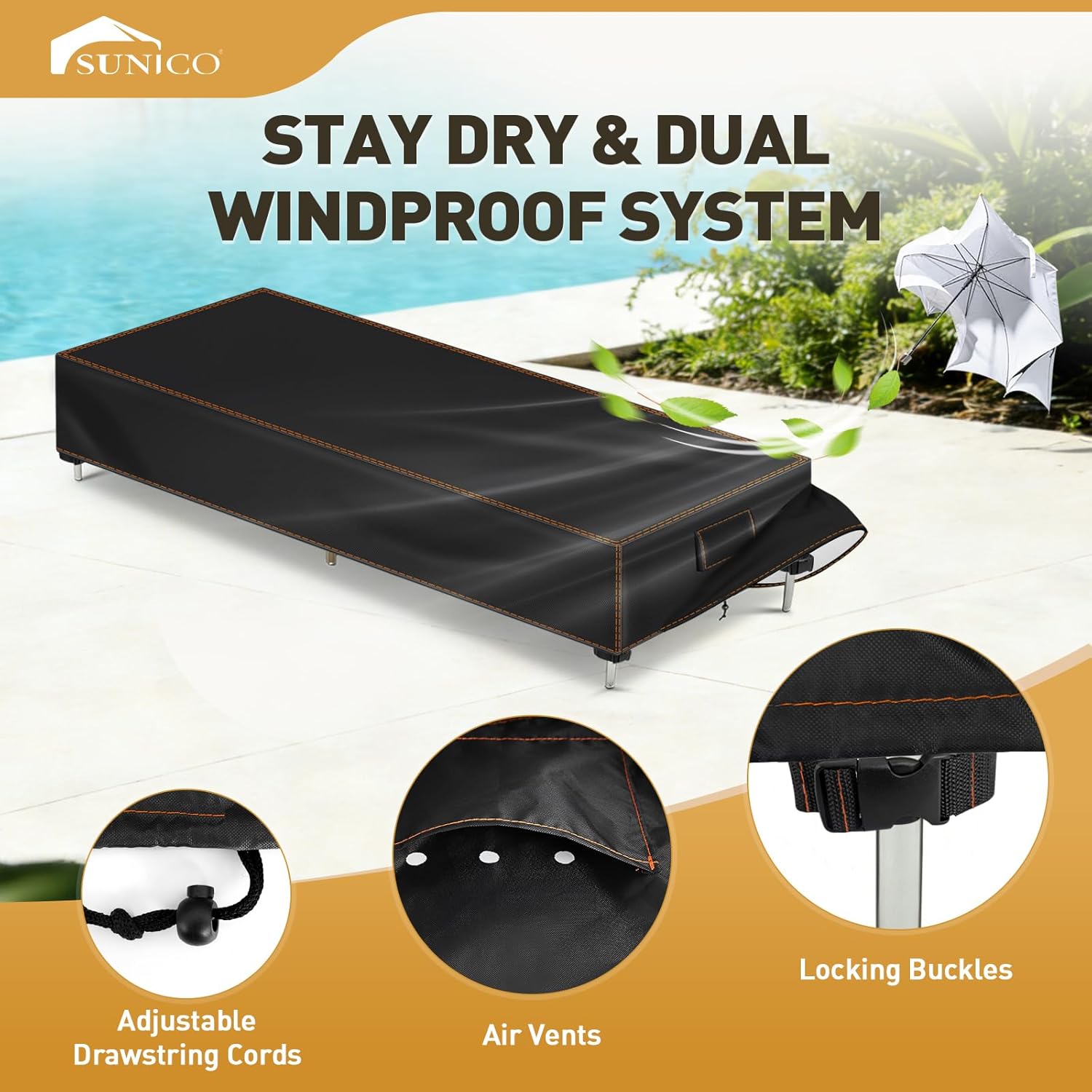 SUNICO Outdoor Chaise Lounge Cover, 80" L x 28" W x 14" H Waterproof Lounge Chair Cover, Pool Lounge Chair Covers, UV Fade Protection, Tear-Resistant, Black