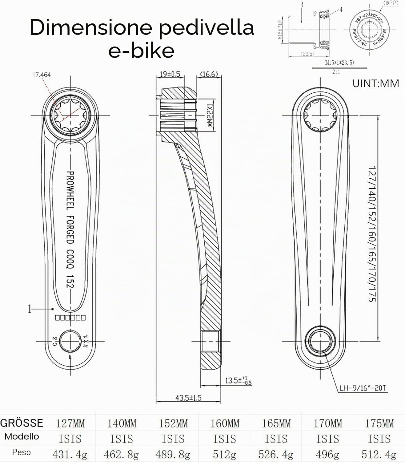 Prowheel Ebike ISIS Crank Arm,127 mm/140 mm/152 mm/160 mm/165 mm/170 mm/175 mm Electric Bicycle Crank Arm for ISIS Mid Drive Motor,Bosch GEN4,PW-X3/PW-X2,BANGFANG M620, Brose Standard/MAG,GX0