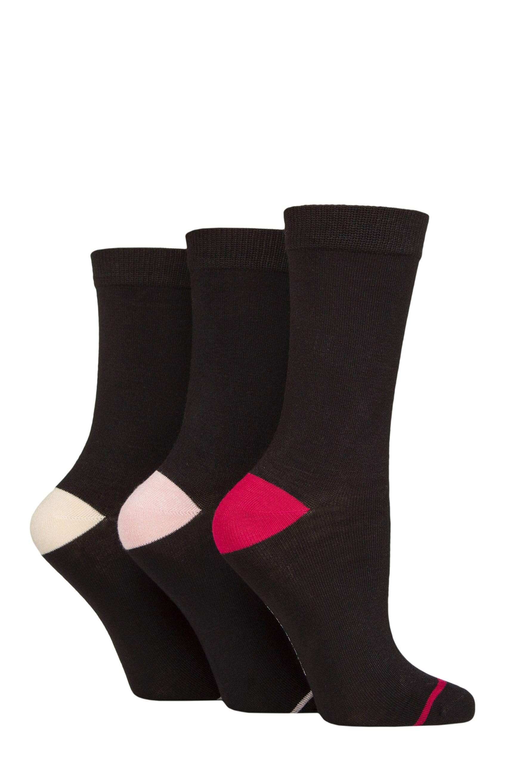 Glenmuir Women's Black Pink / Cream Contrast Heel And Toe Bamboo Socks Pack Of 3 (Uk, Numeric, 4, 8, Regular, Regular, Black Pink/Cream)