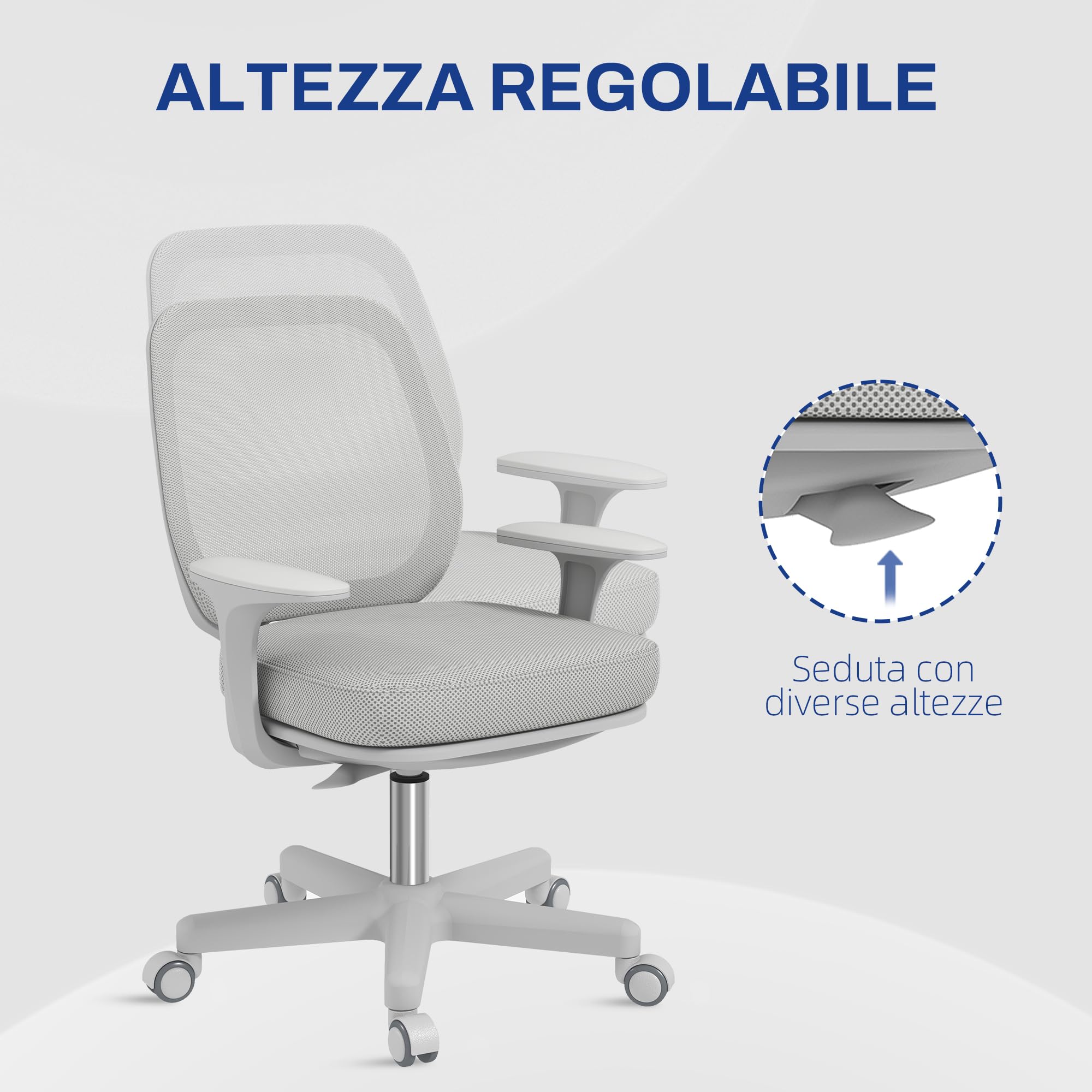 Vinsetto Sedia Ufficio Ergonomica ad Altezza Regolabile Grigio | Schienale Traspirante, Sedia da Scrivania, Tessuto a Rete, Cameretta, 55x48x82.5-94.5 cm