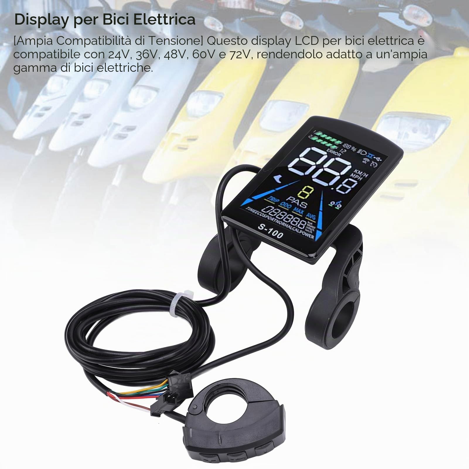 Asixxsix Display LCD per Bici Elettrica, Display Universale Ad Ampia Tensione 24V 36V 48V 60V 72V, Impermeabile con Schermo Verticale Colorato Prestazioni Stabili per Bici Elettriche