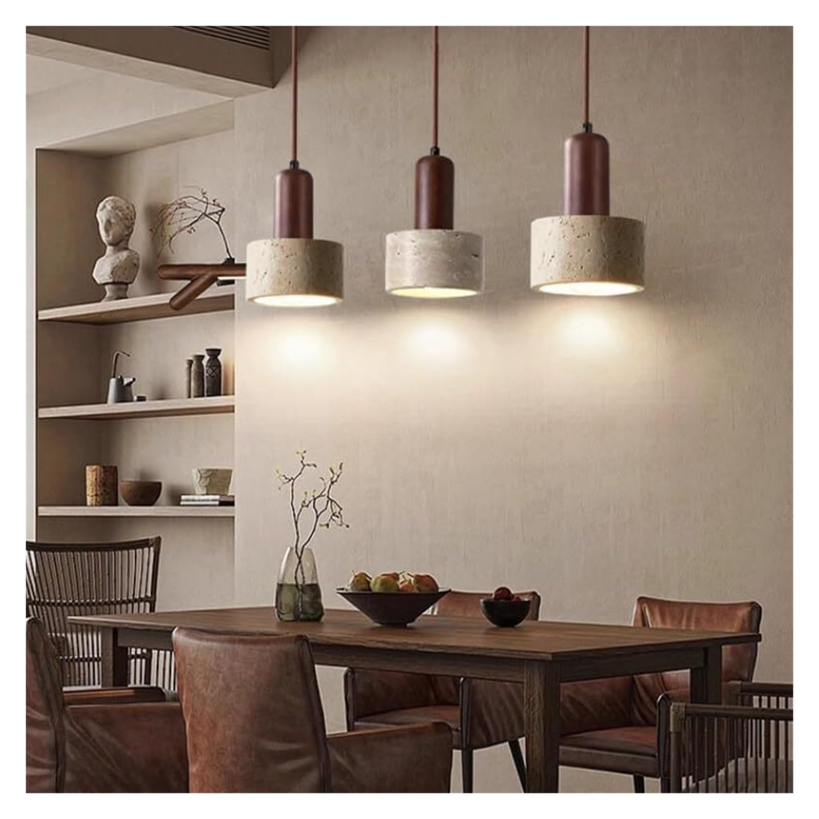 Suspension, mini-cylindre en pierre naturelle, suspension en bois de noyer, travertin, luminaire suspendu for îlot de cuisine for salle à manger, chambre à coucher, restaurant(15cm)