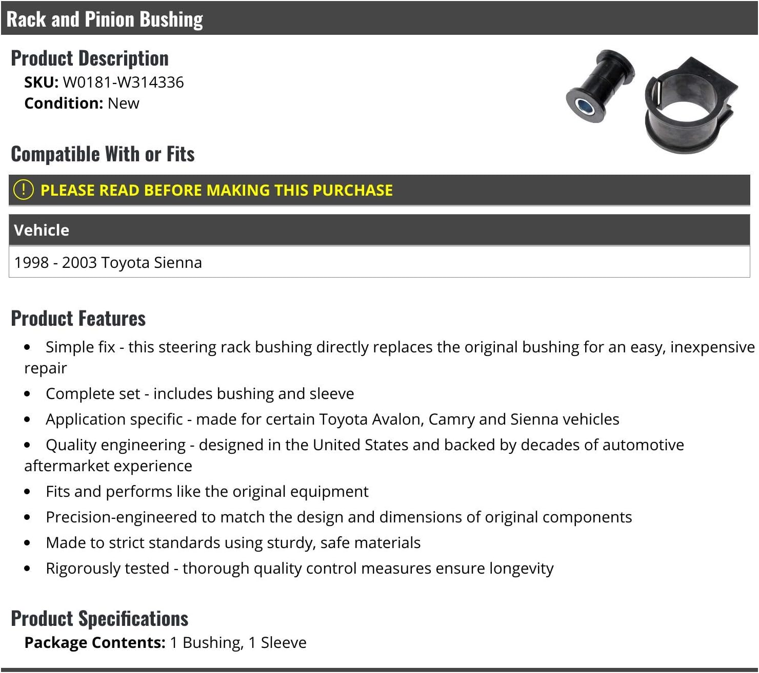 Marketplace Auto Parts Rack and Pinion Bushing - Compatible with 1998-2003 Toyota Sienna