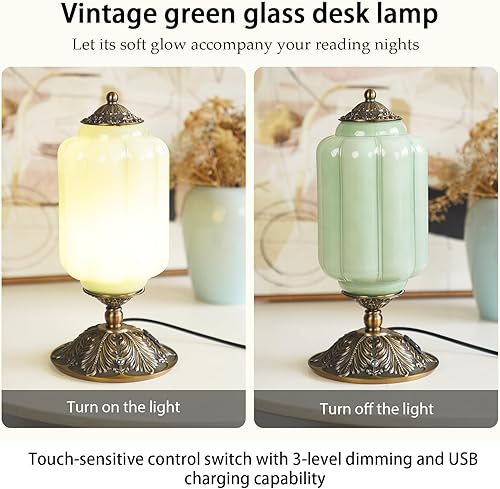 Miniatura 2 de Lámpara de mesa táctil de vidrio de leche, elegante lámpara de escritorio de cristal de jadeíta verde, 3 vías regulable con puertos de carga USB