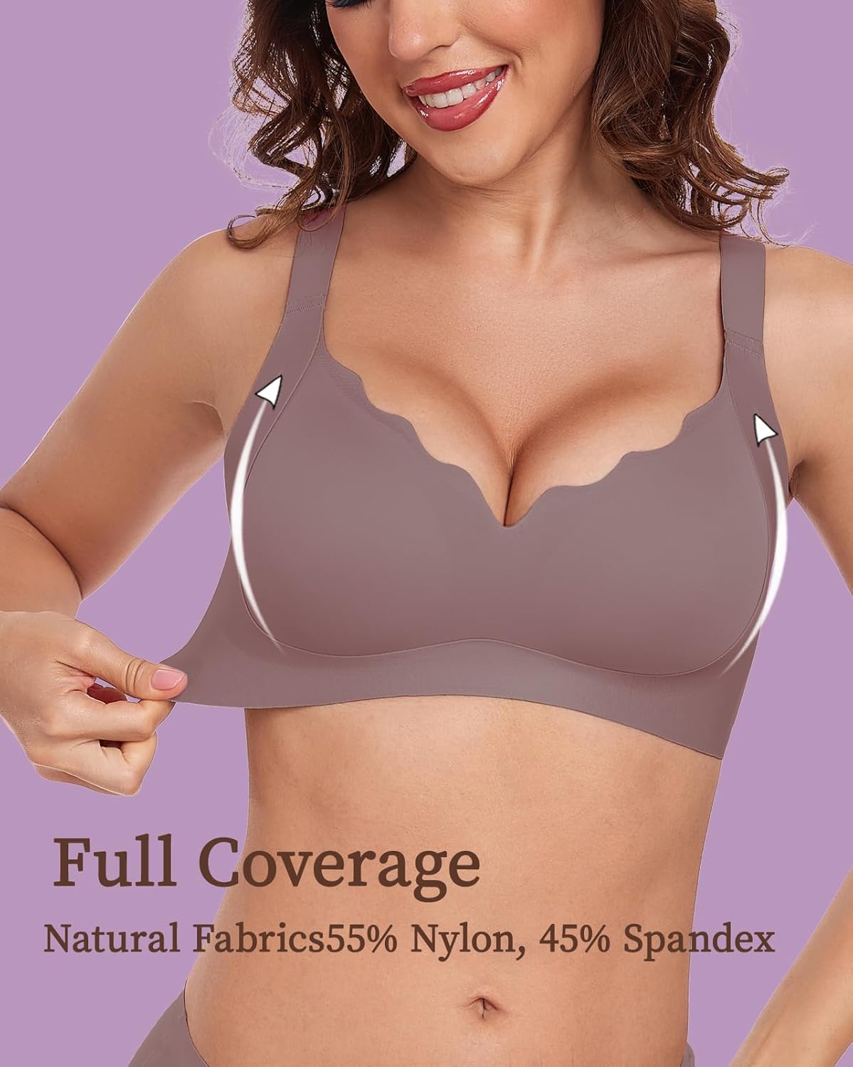 Scalloped Lift Bras for Women No Underwire Buttery Soft Push Up Wireless Bras V Neck Seamless Bralettes - Image 3