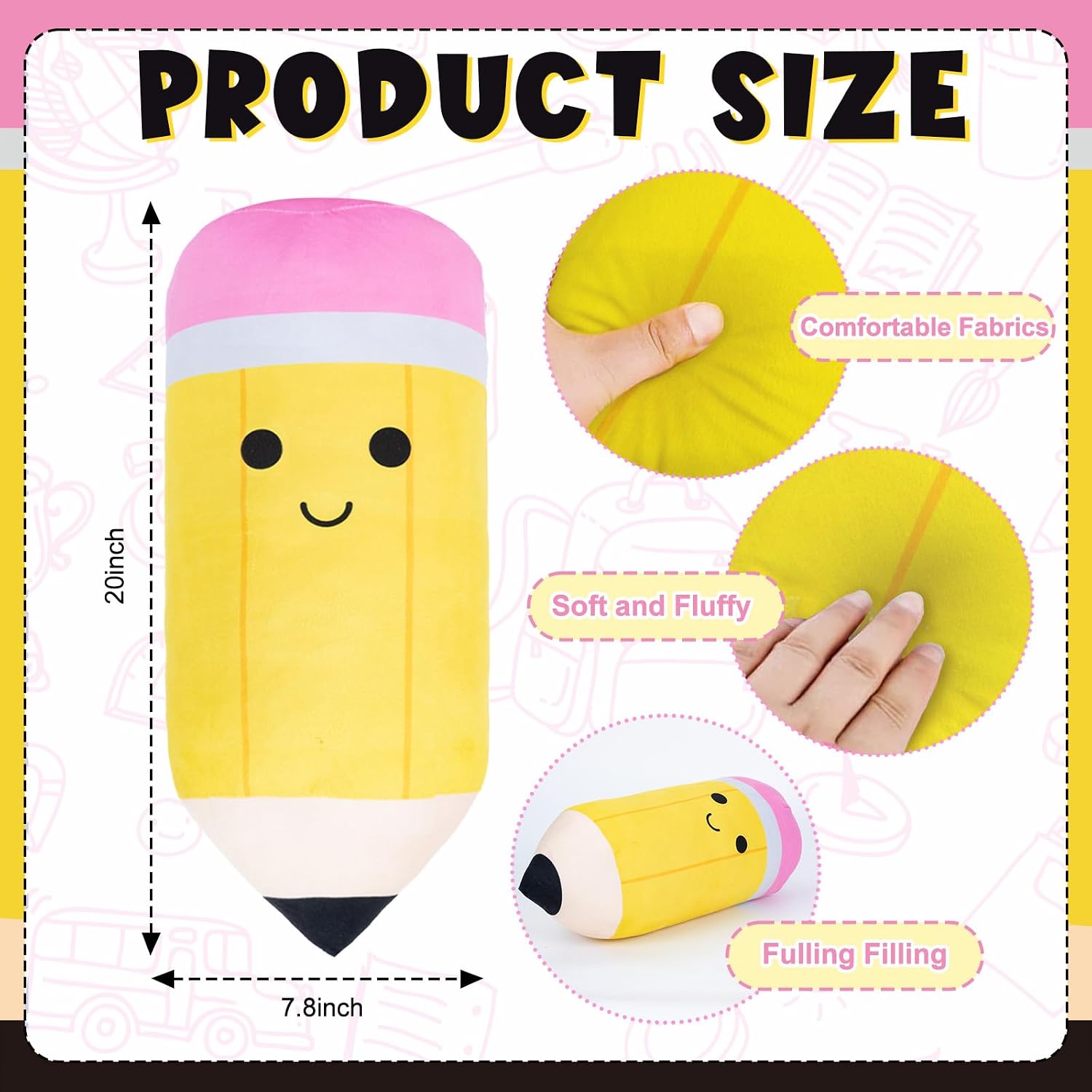 Cute Pencil Pillows Classroom 20 Inch Large Plush Throw Pillow Back to School Creative Stuffed Cushion for Students Teacher Home Reading Room Sofa Decor Student School Birthday Party Gift Supplies