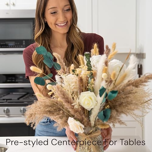 Miniatura 3 de 100 piezas de arreglo de flores artificiales con jarrón incluido, decoraciones para centro de mesa de comedor, flores falsas en jarrón, centros