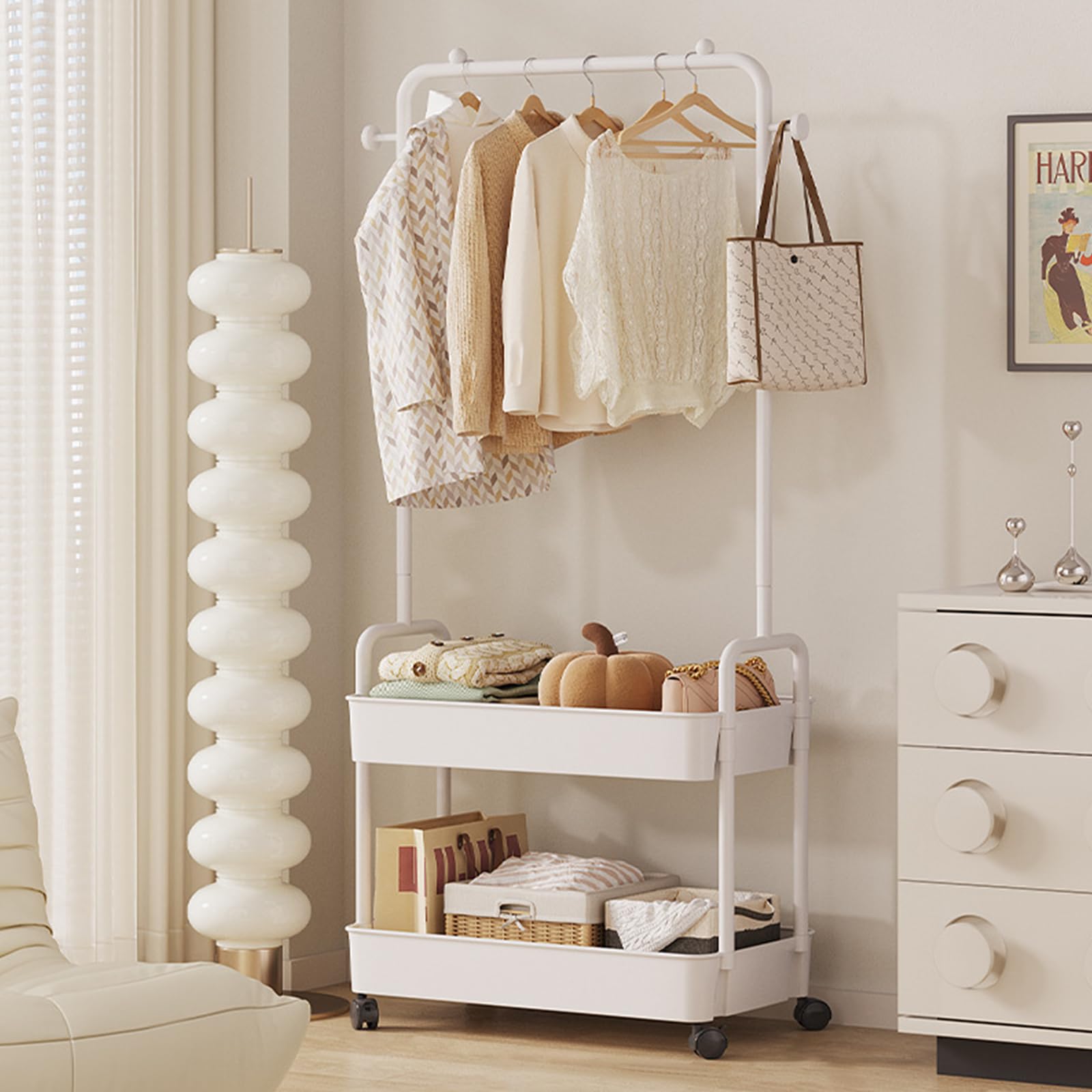 Ergocar Metal Clothing Rack With Multi -Layer Storage Baskets And Mobile Independent Hangers With Pulley Hanger Small Space Modern Clothing Rack, Used To Hang Jackets, Skirts, Pants, Handbags