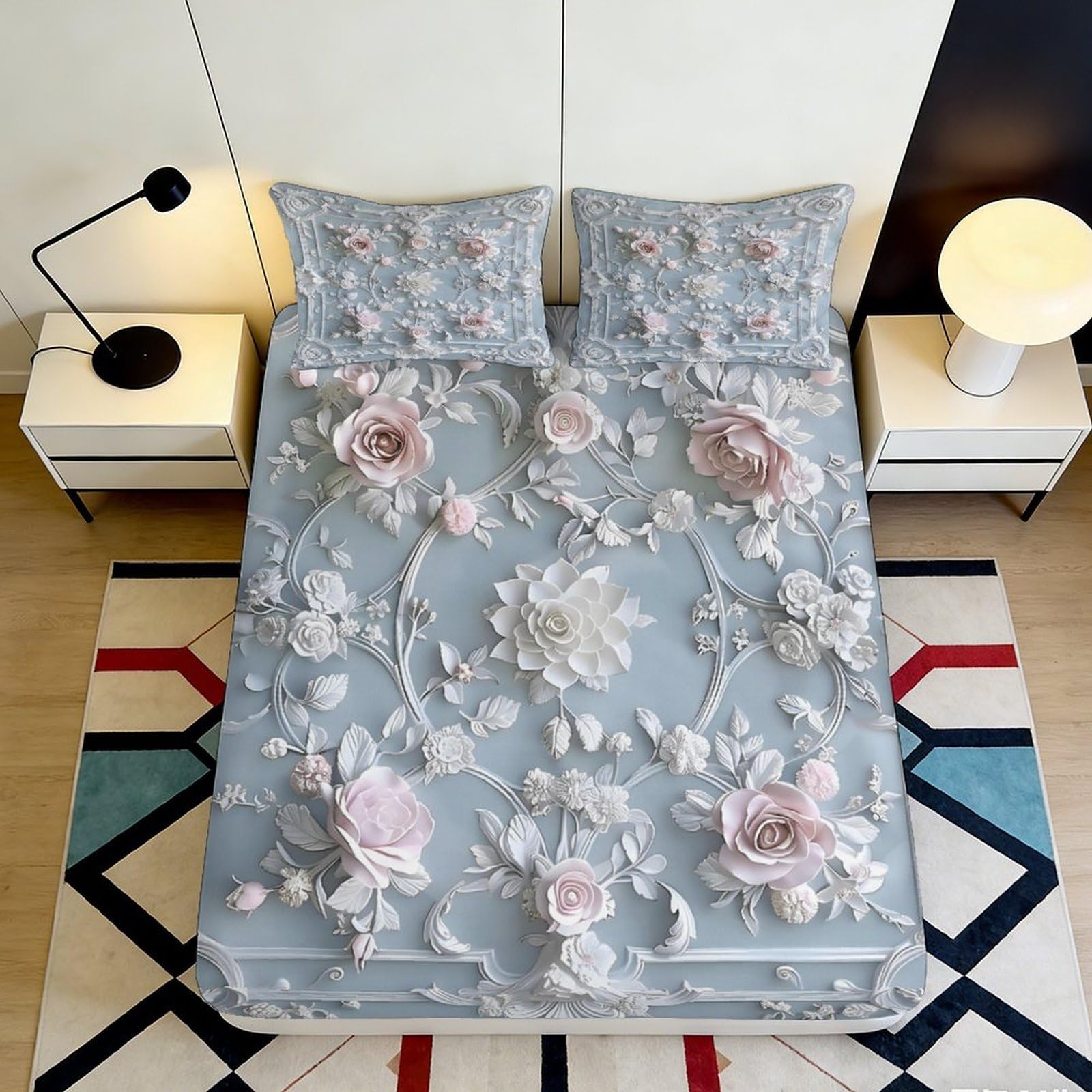 3D Printed Floral Rose Fitted Sheet Microfiber Soft Pink Peony Mattress Cover for Bedroom Decor and Guest Room 90x200x25cm