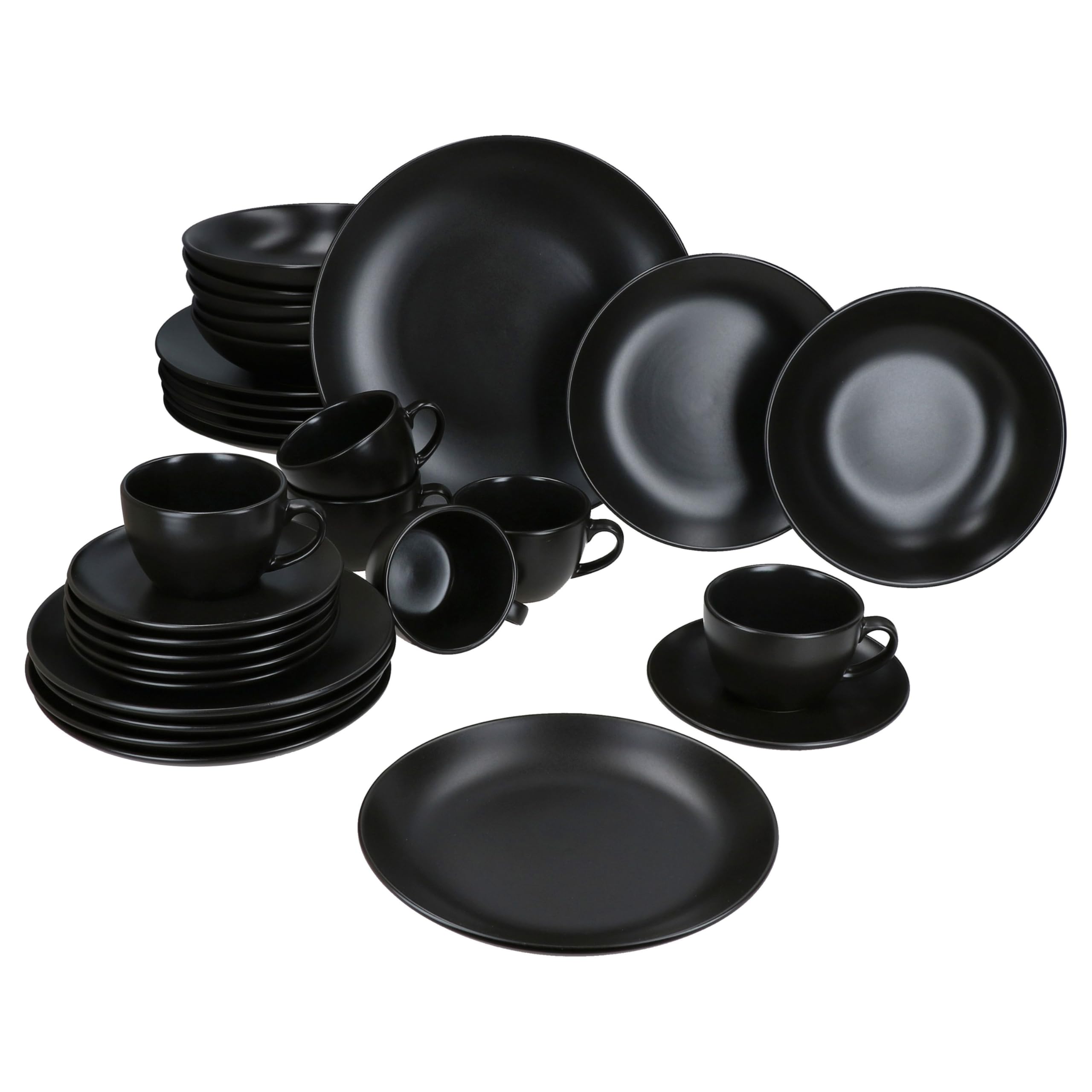 MamboCat Panther 30tlg Kombiservice I matt schwarzes Steingut-Geschirrset für 6 Personen I Je 6x Kaffeetassen 160ml, Untertassen, Kuchenteller, Suppenteller 420ml & Speiseteller