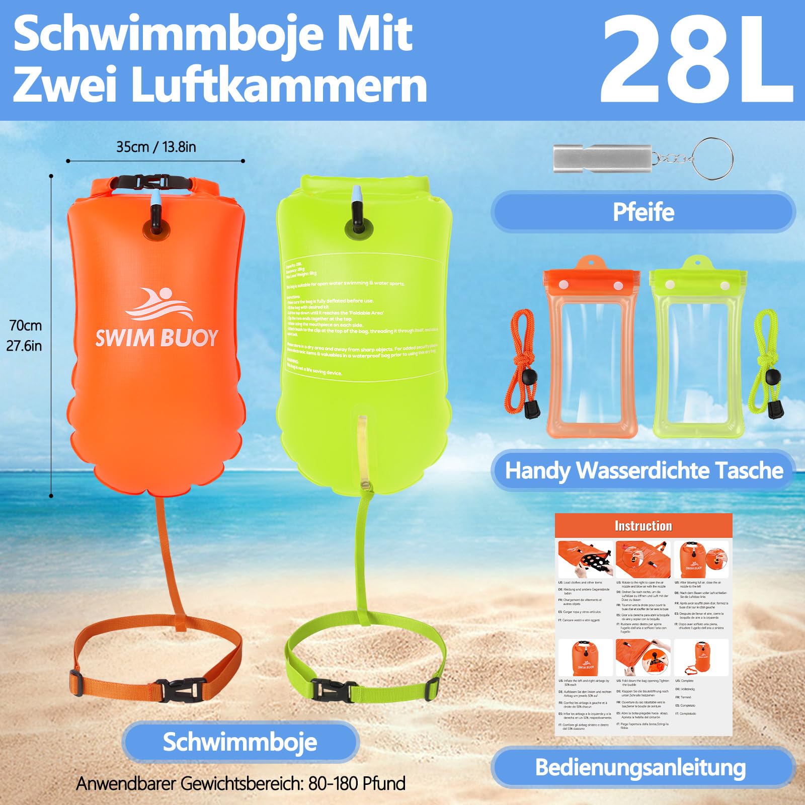 JONRRYIN Schwimmboje 28L, Trockensack und Schwimm Boje Aufblasbar, Sicherheitsgerät für Freiwasserschwimmen, Schwimmboje Ideal für Triathlons, Surfer
