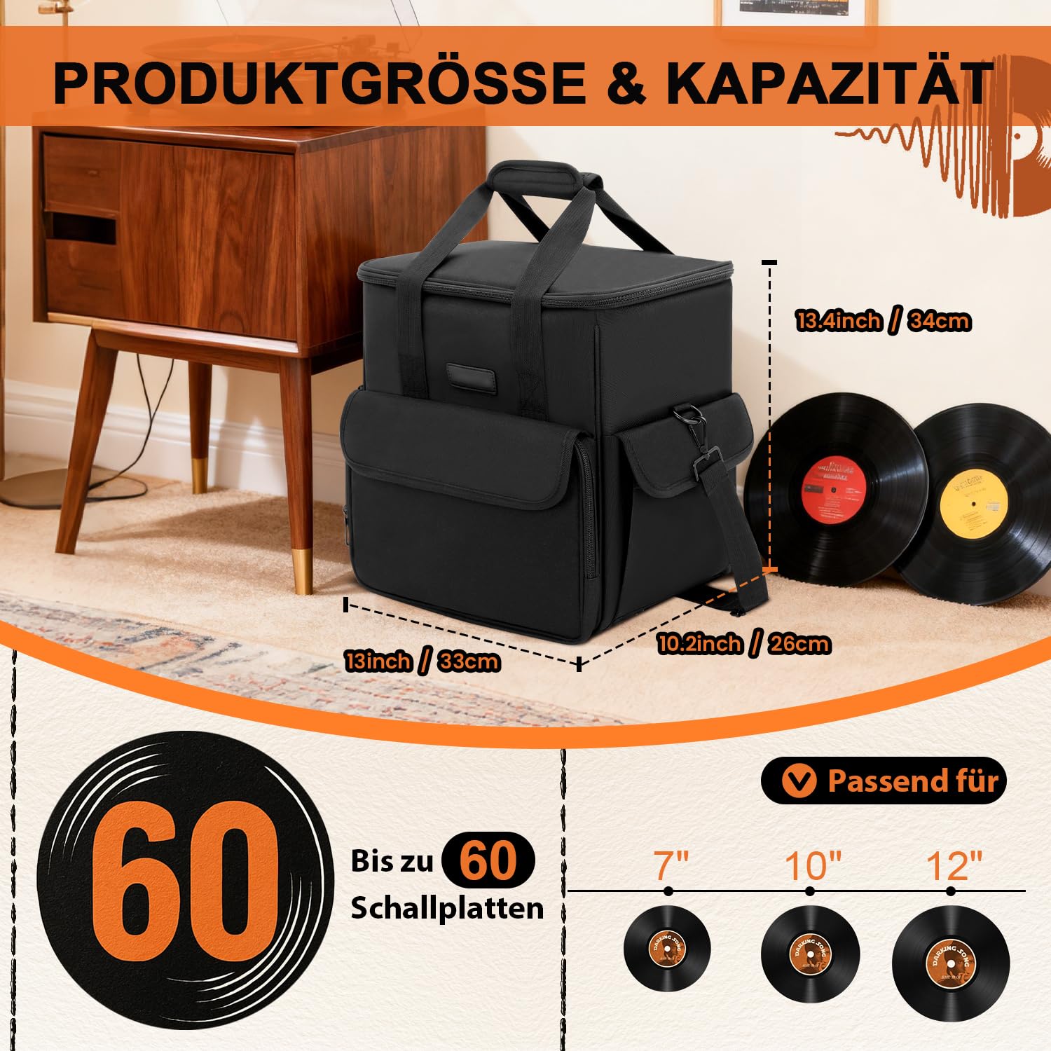 Vinyl Tragetasche für Schallplatten, LP Aufbewahrungstasche für 60 LPs (7/10/12 Zoll), Schallplattenkoffer mit Trennwänden, Wasserabweisend, Tragetasche für DJs & Sammler