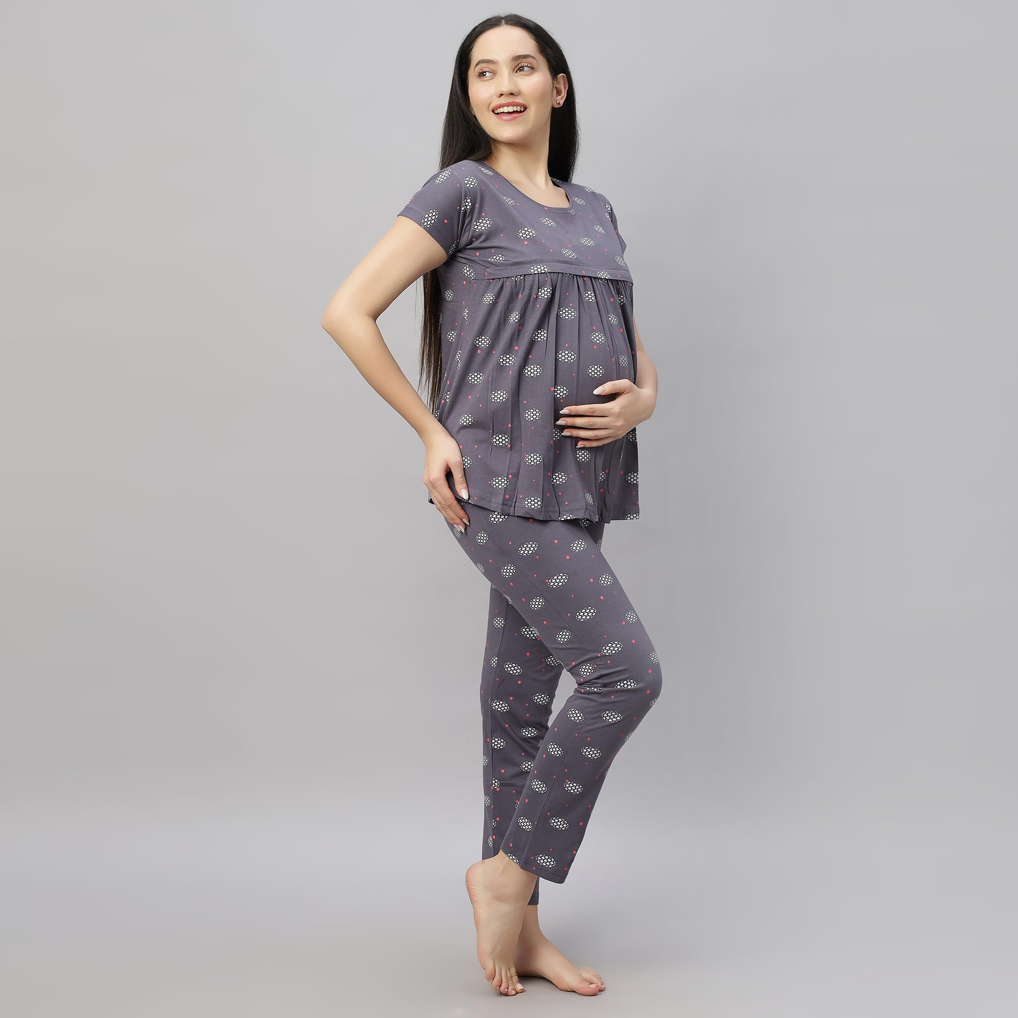 DZZO New Women's Cotton Printed Maternity Night Suit | Comfortable Feeding Night Dress | Soft & Breathable Nursing Pajama Set | Color - Grey, Size - M - Image 3 thumbnail