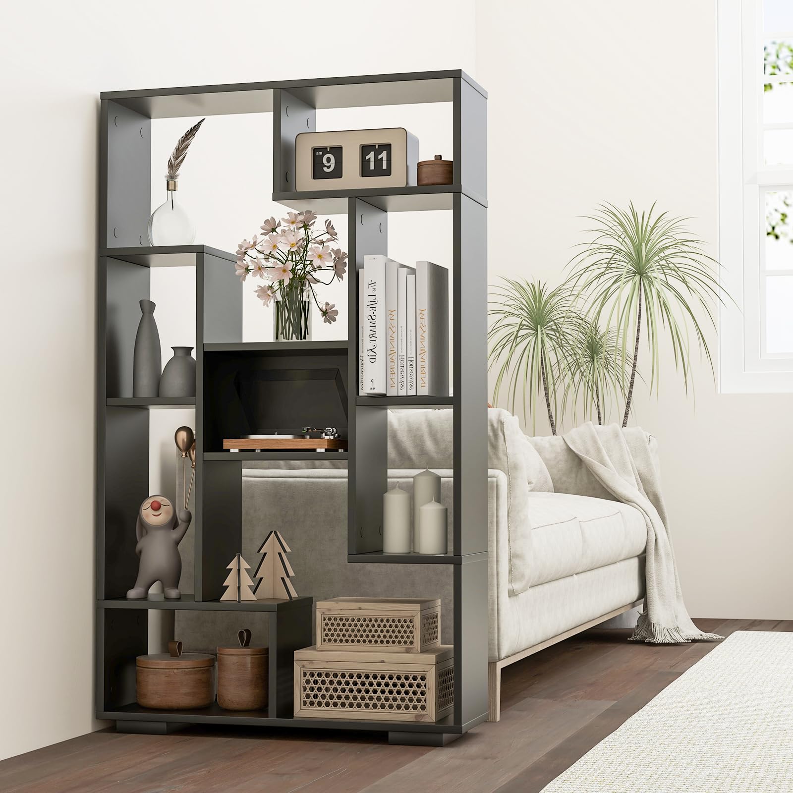 HOMASIS Librería geométrica con Compartimentos Abiertos, Estantería de pie Moderna con Kits Antivuelco, Organizador de Almacenamiento de Madera para salón, Dormitorio, 70x20x120cm (Nergo)