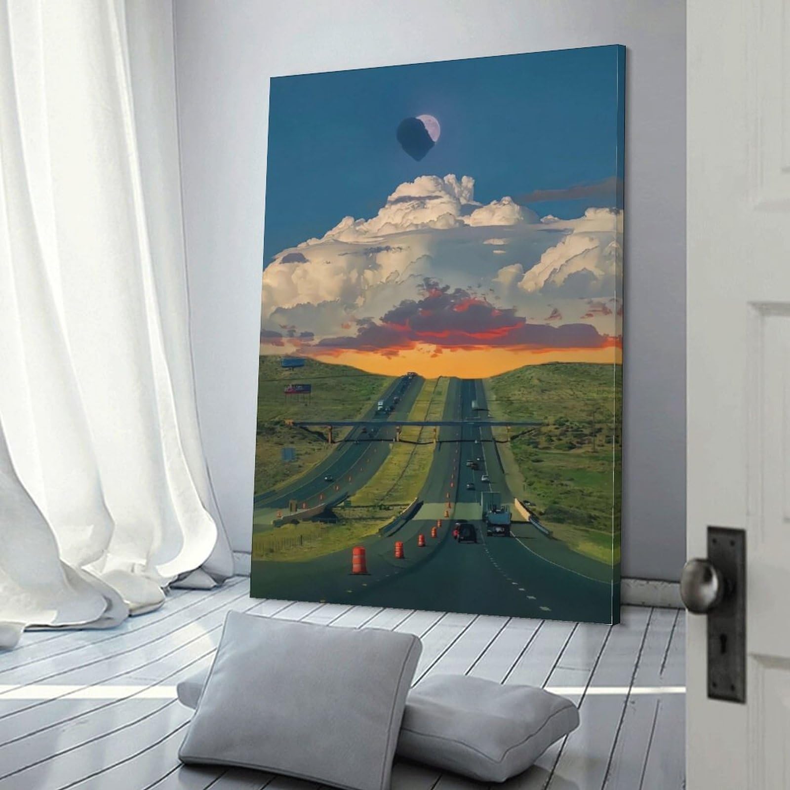 油絵　高速道路 Amazon.co.jp: 絵画 青空の下の高速道路の車の街の風景インテリア 絵画