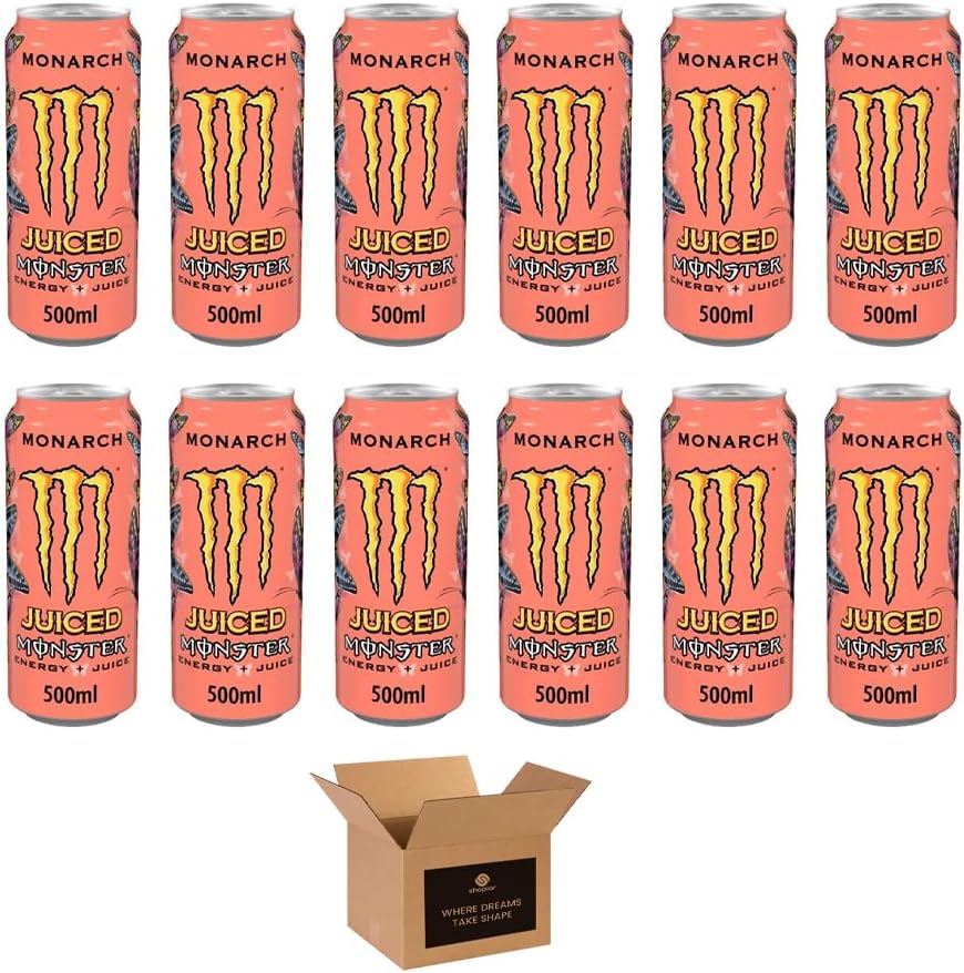 Monster Energy Drink Flavours | Juiced, Zero Sugar, Ultra, Monarch, Fiesta Mango, Strawberry Dreams, VR46, Punch | High Caffeine Sports Energy Drink | 500ml (Pack 12, Monarch Juiced)