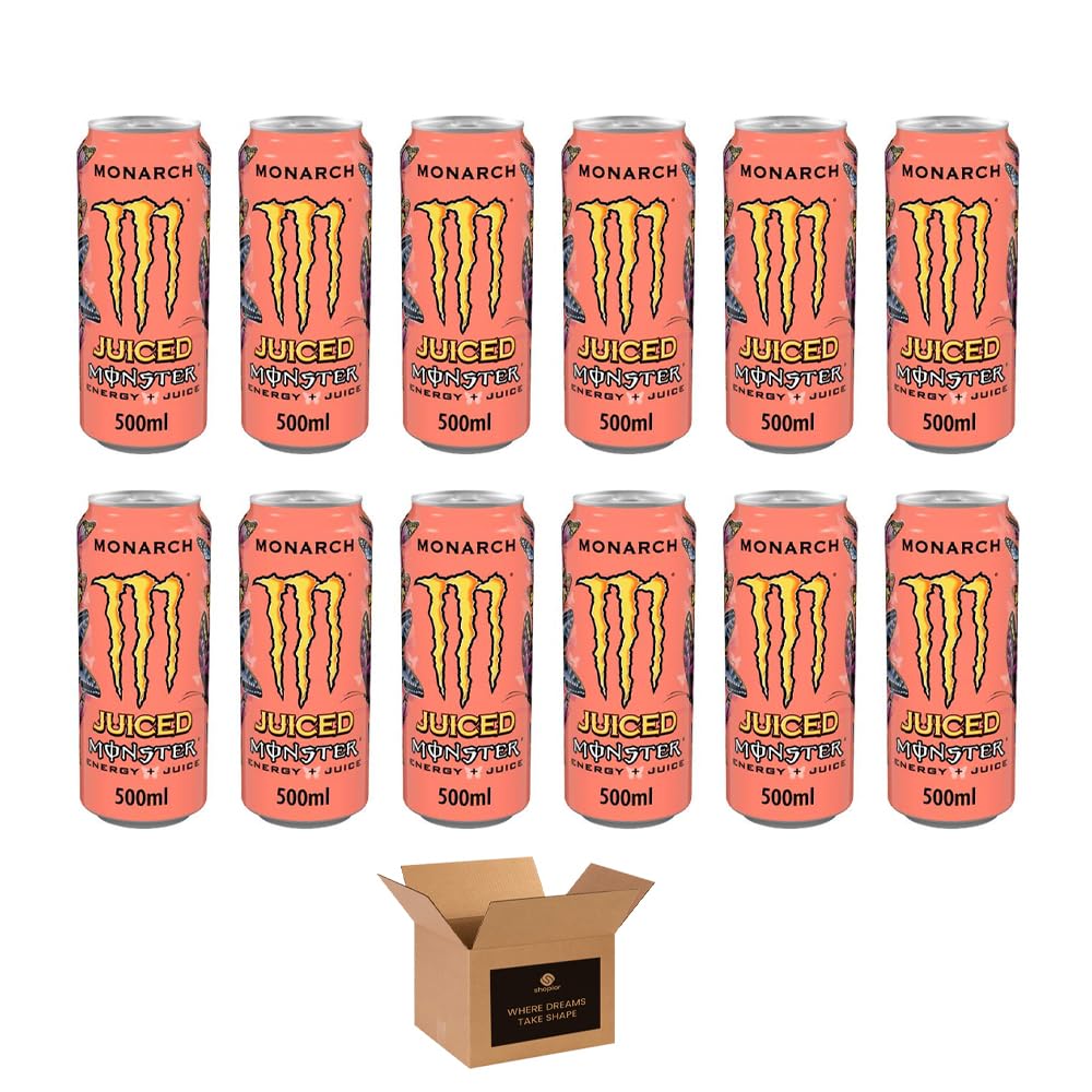 Monster Energy Drink Flavours | Juiced, Zero Sugar, Ultra, Monarch, Fiesta Mango, Strawberry Dreams, VR46, Punch | High Caffeine Sports Energy Drink | 500ml (Pack 12, Monarch Juiced)