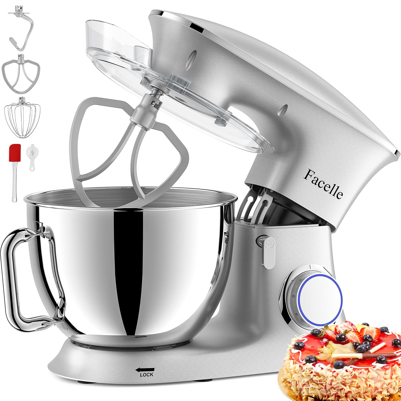 Robot Patissier 2000W 8.5L Robot Cuisine Multifonctions Puissant, Facelle Mixeur Batteur sur Scole, avec Batteur, Fouet, Crochet Pétrin, 6 Vitesses, Robot Patisserie Multifonction