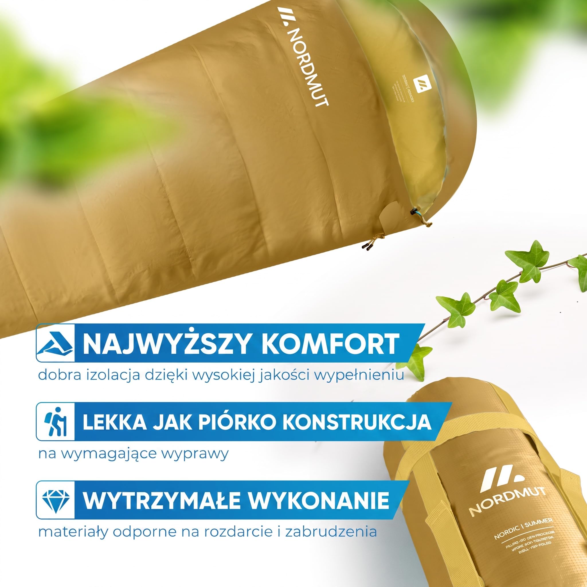 NORDMUT® Śpiwór dla Dorosłych – Mały Rozmiar Pakowania & Ultralekki (900/1500 g) – 3-Sezonowy (250 GSM) & Letni (100 GSM) –Mumia na Camping, Outdoor i Festiwale
