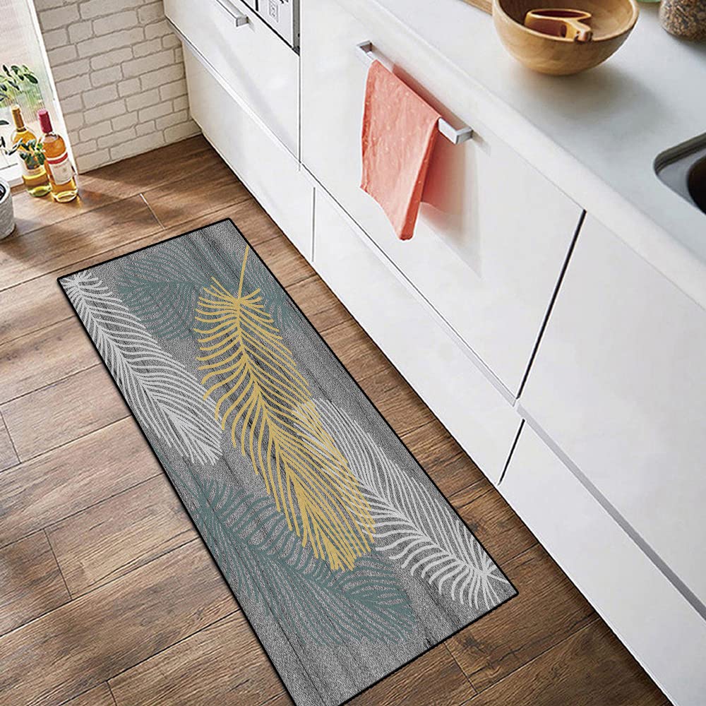 Teppich Läufer Flur Küche rutschfest Waschbar Grau Schmutzfangläufer Feder-Muster Teppichläufer Meterware,Küchenteppich Kurzflor Kücheläufer Polyester Anpassbar,Grau,60x250cm