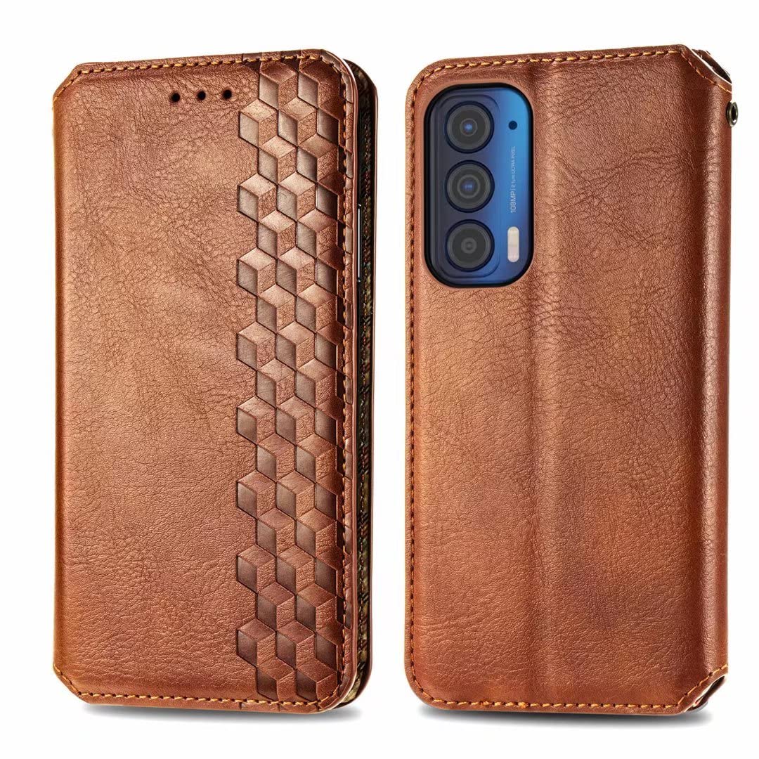 ZXL Case Wallet Flip Flap Foldable Magnetic Clasp with Cash Credit Card Slots & Lanyard for Men Women Protective Cover Case for Motorola Moto Edge 2021 Brown
