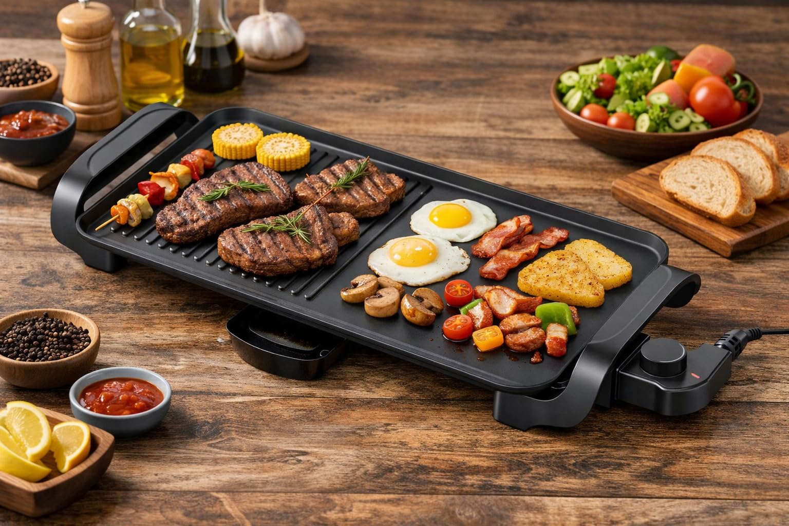 Parrilla Eléctrica con Grill y Plancha, Doble Función, 2200W, Plancha para Asar electrica, Don Feliz