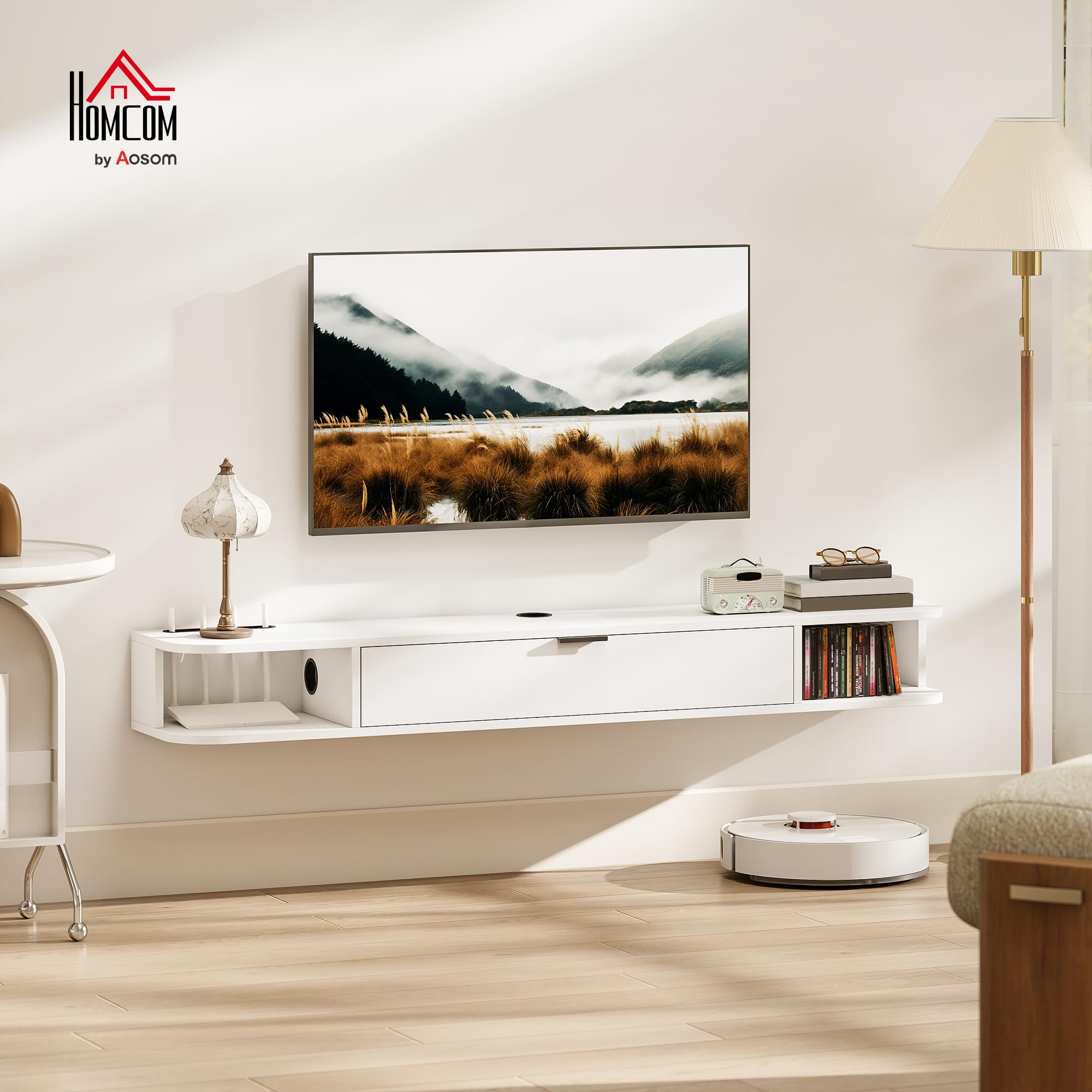 HOMCOM 55" Pływający stojak TV z półką, do 60", biały, imitacja drewna