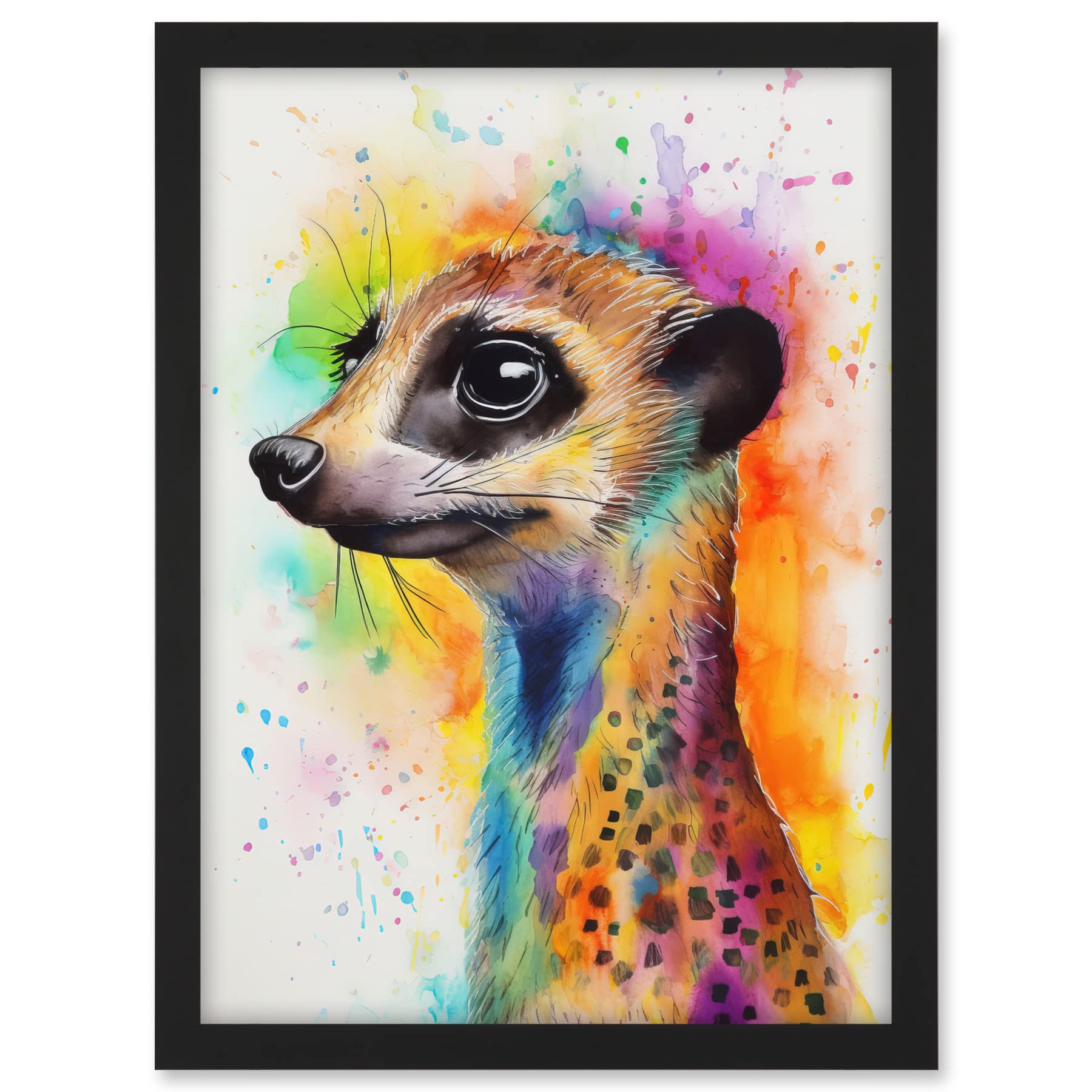 Artery8 Meerkat Multicoloured Portrait Watercolour Painting Artwork Framed A3 Wall Art Print