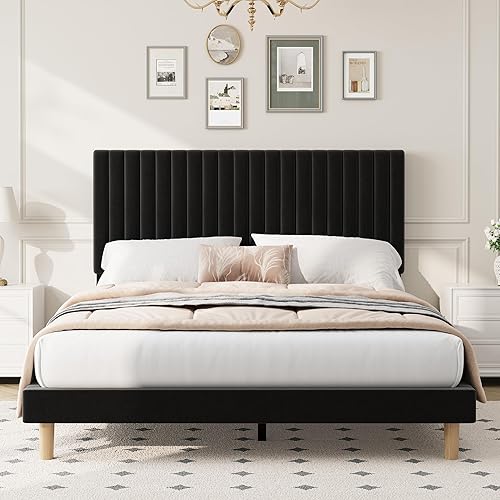 Miniatura 16 de IDEALHOUSE Base de cama de tamaño matrimonial con cabecera ajustable, plataforma tapizada de terciopelo, marco de cama matrimonial, canal vertical