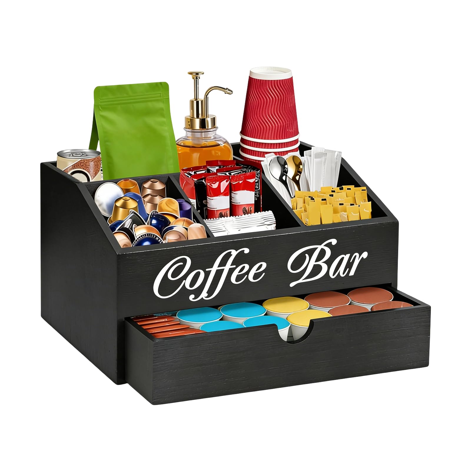 Kaeltsyn Stylish Black Finish Coffee Accessories Tray Designed for Neatly Storing Cups Spoons and Creamers Wooden Coffee Jar Holder