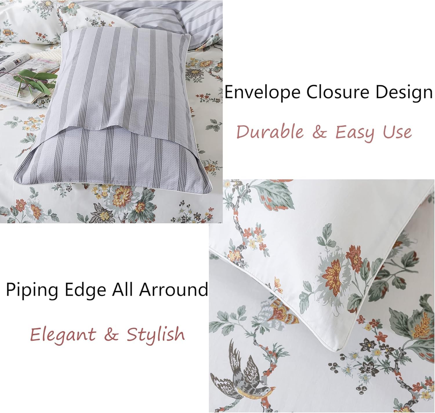 USTIDE King Cotton Floral Duvet Cover Set 3 Pieces Rustic Shabby French Bedding 1 Duvet Cover with 2 Pillowcases - Image 4
