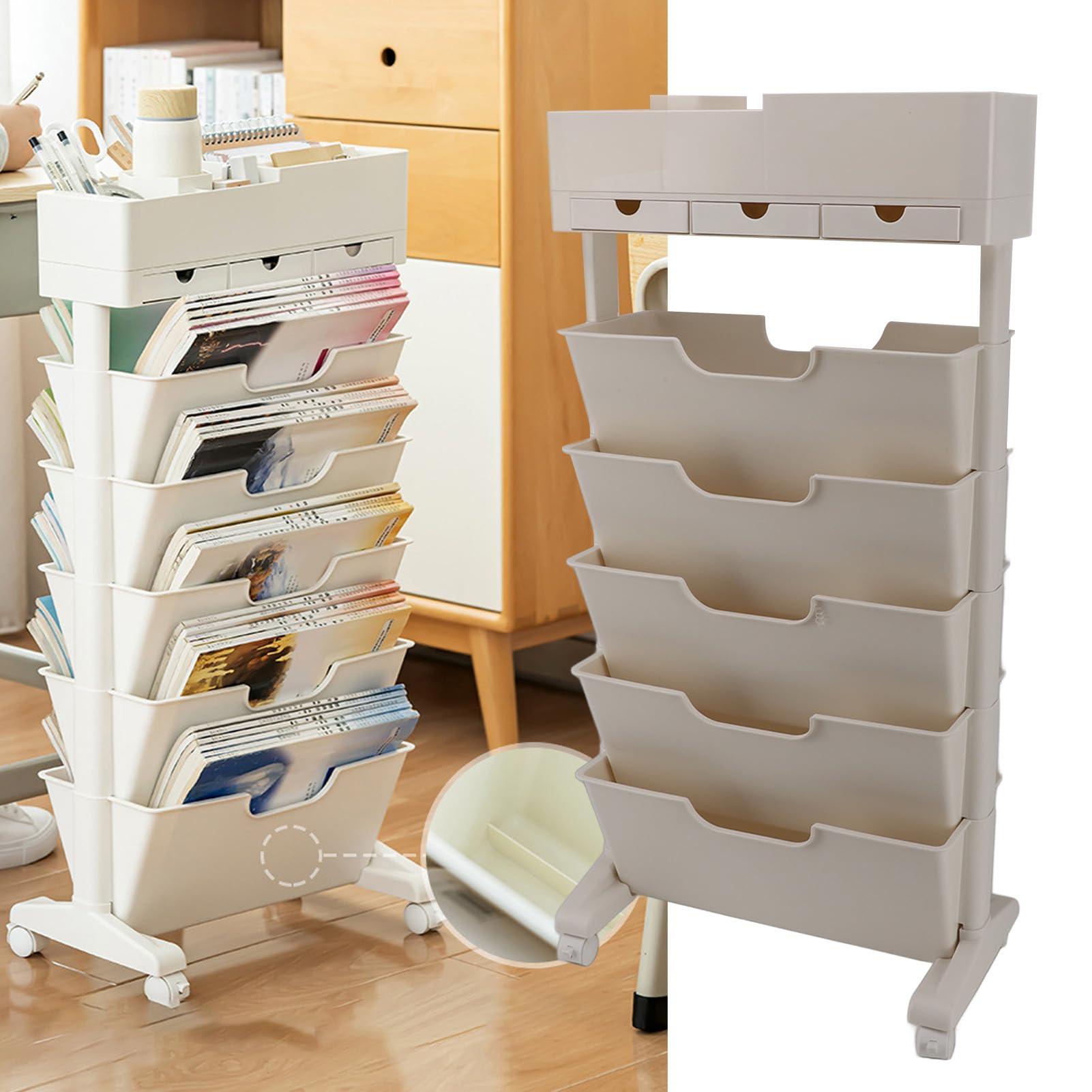 Mobilna Półka z Książkami, Plastikowy Mobilny Półka, Książka Rolling Storage Wózek 3 Szuflady Ruchomy Organizator Książek z Blokadymi Kółkami Wielofunkcyjny Wózek do