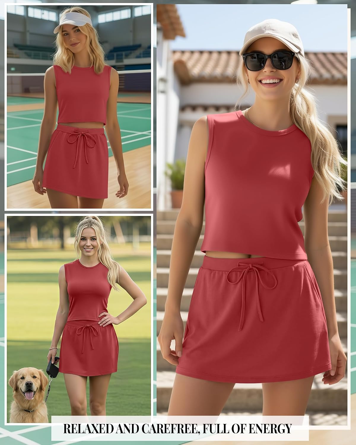 Neer Women's 2 Piece Skirt Sets Sleeveless Crewneck Crop Top Skort Sets Cotton Tennis Casual Summer Athletic Lounge Outfits(Watermelon Red,Small)