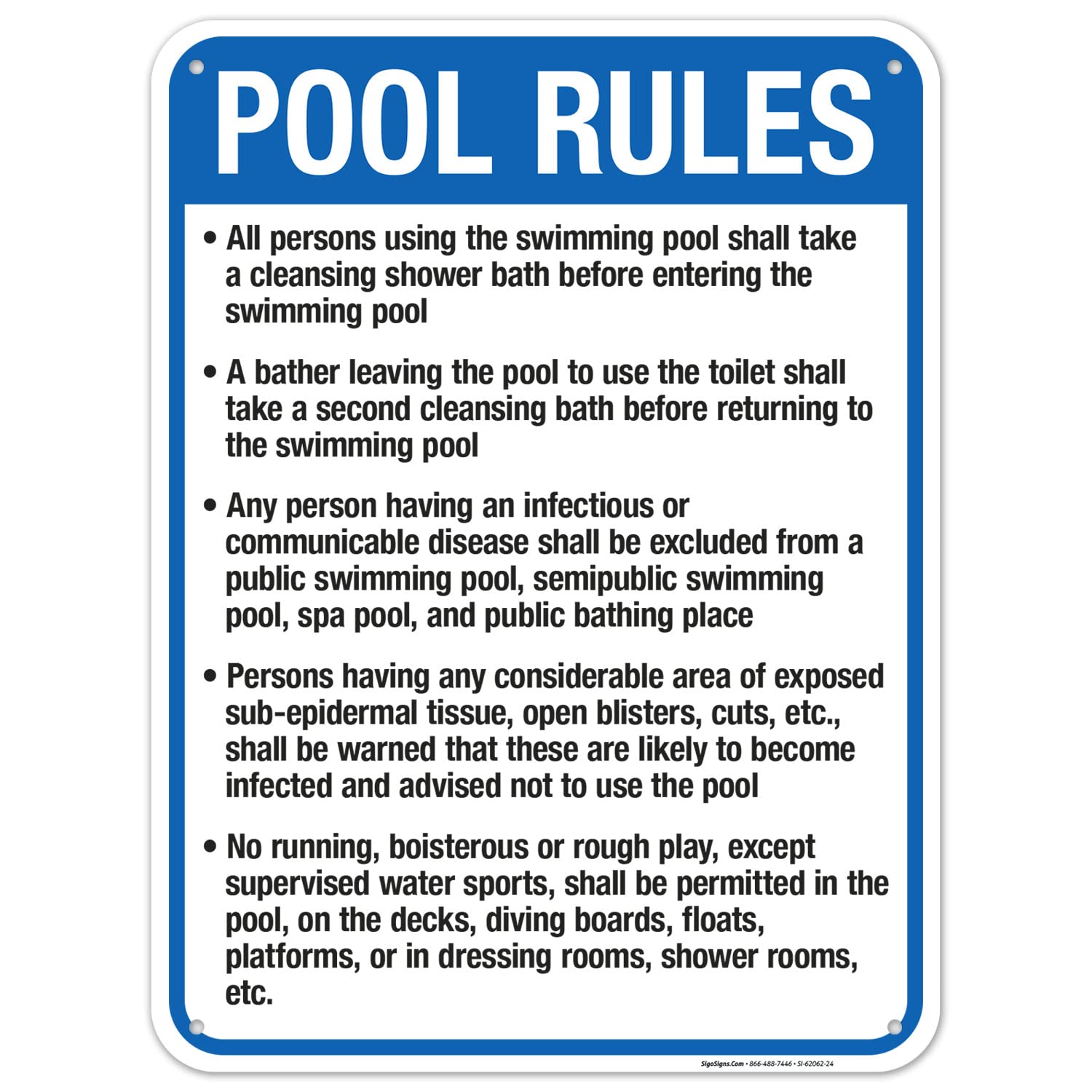 Kansas Pool Rules Sign, Complies With State Of Kansas Pool Safety Code, (SI-62062) 18x24 Inches, 55 mil thick HDPS (high density polystyrene), Made in USA by Sigo Signs