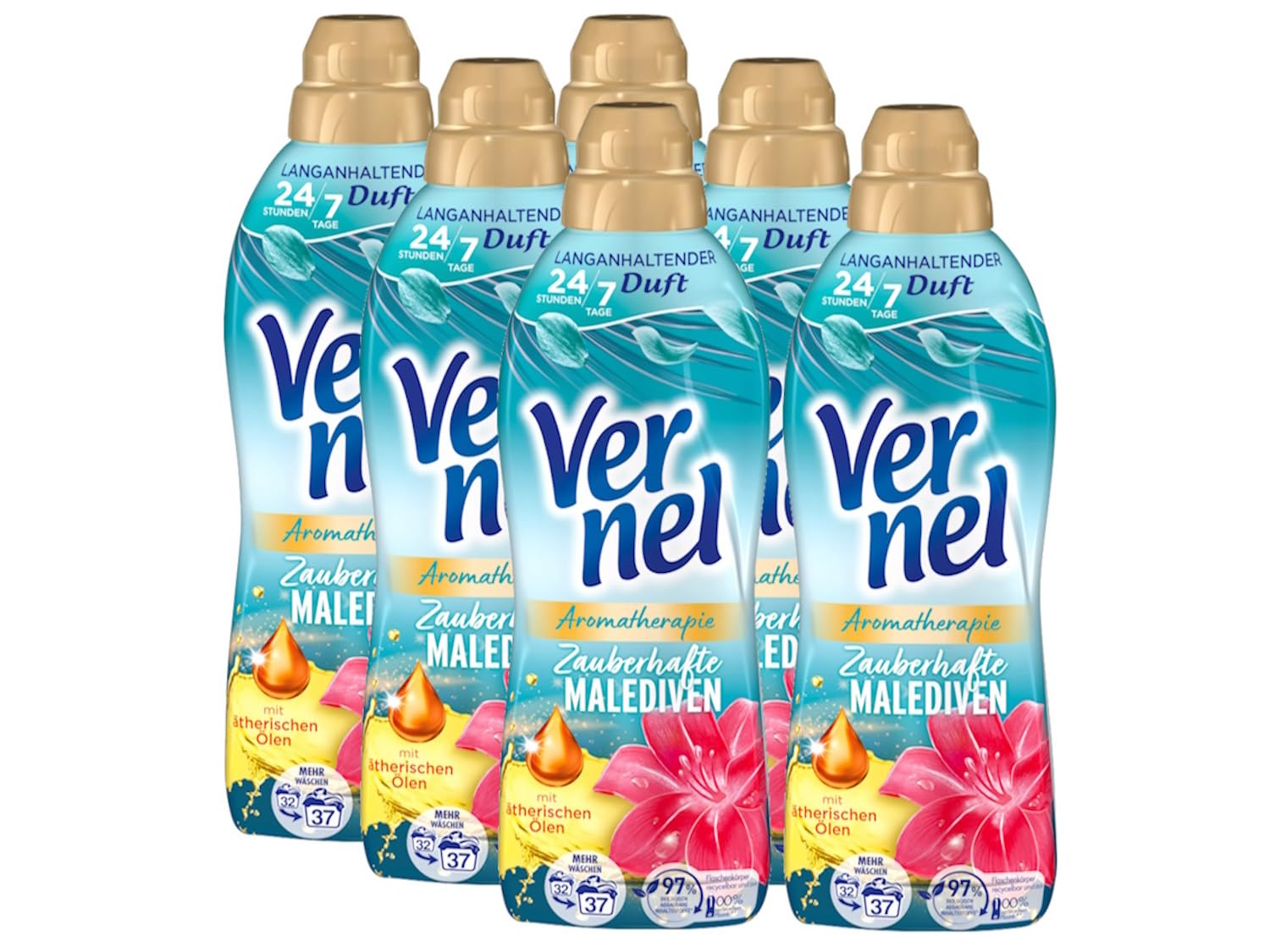 Vernel Aromatherapie Zauberhafte Malediven Weichspüler (6x32 Waschladungen), langanhaltender Wäscheduft mit ätherischen Ölen für 24/7 Frische, recycelbare Flasche