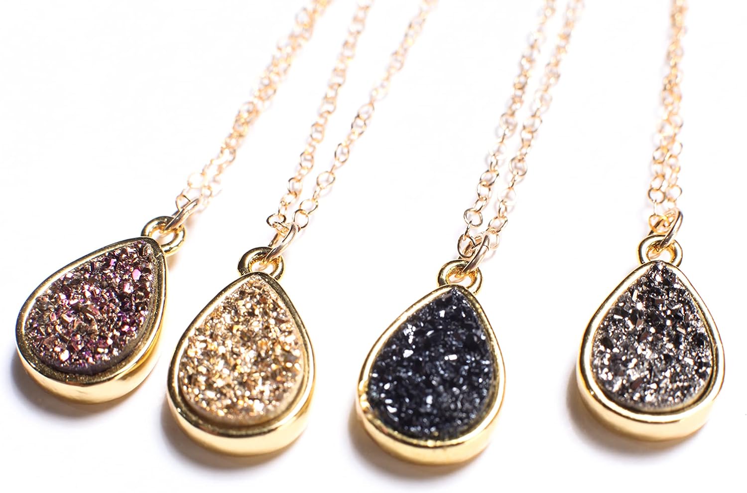 Druzy Geode Gemstone Pendant in 4 colors of Purple, Gold, Silver, Dark Navy Blue Sparkly, 14K Gold Filled Chain, 14", 16", 18", 20" Necklace