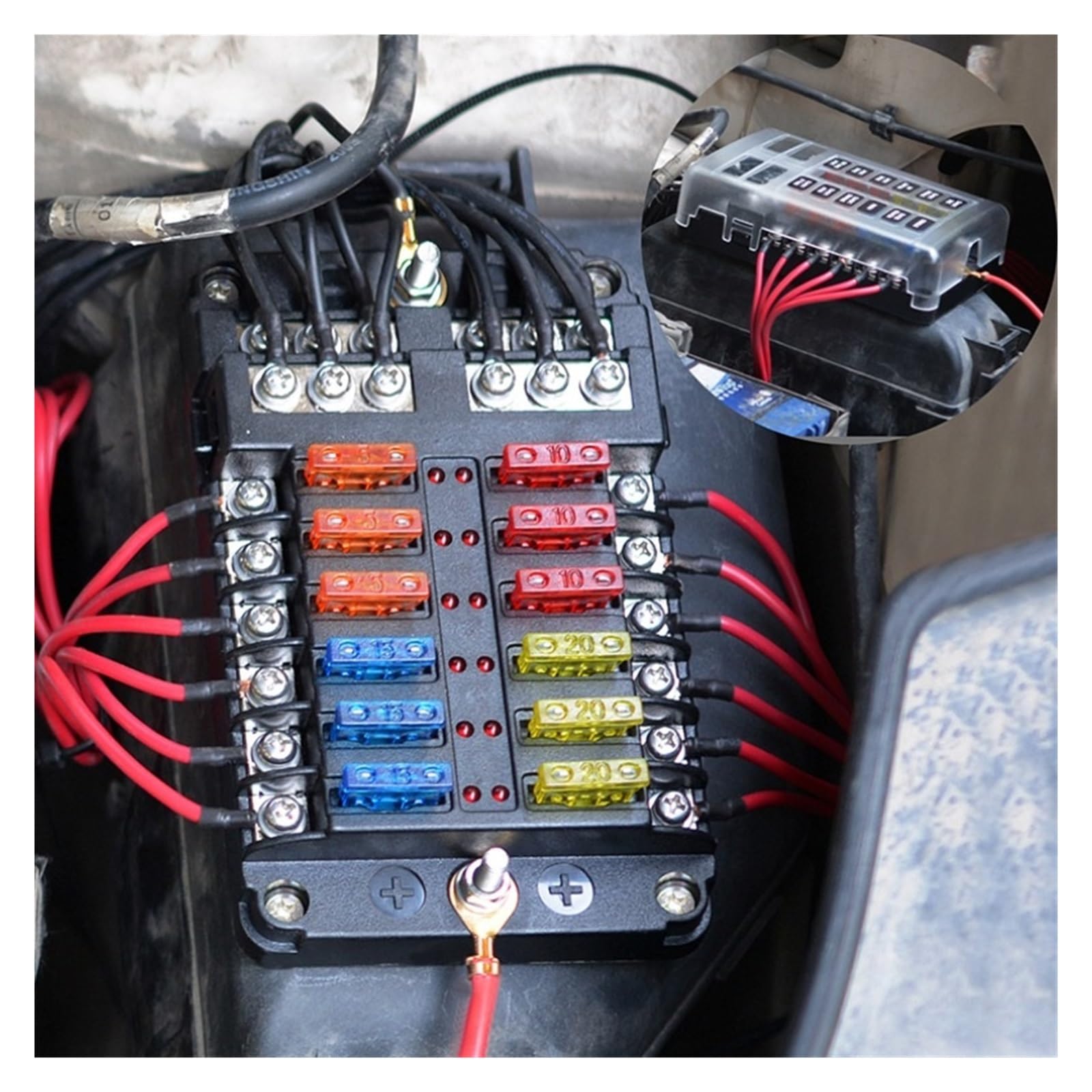 Portafusibles de cuchilla de 6/12 vías, 12-24 V, for coche, barco, con tapa de plástico for panel eléctrico, caravana, autocaravana, accesorio.