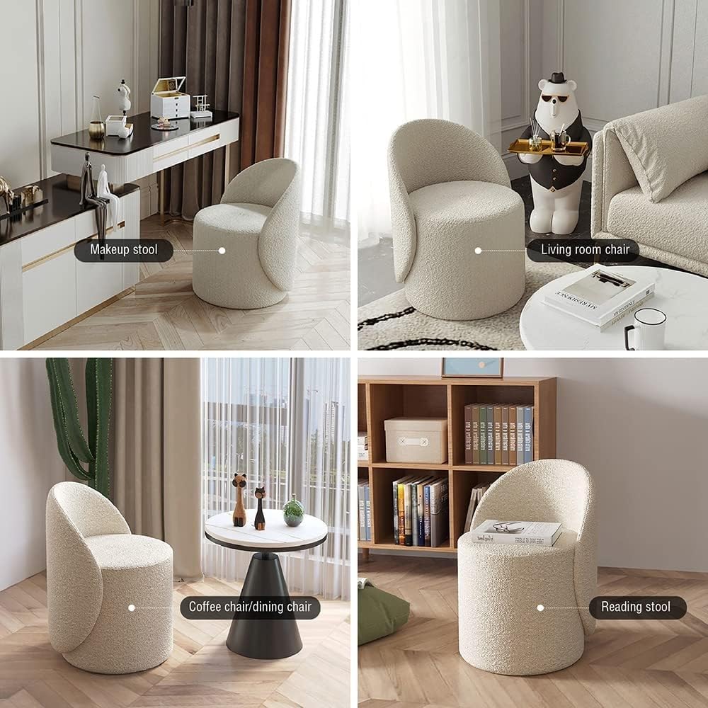DELURA Chaise de Maquillage avec Dossier - Tabouret de Coiffeuse pour Chambre/Salle de Maquillage/Salon (Laine d'Agneau Blanche)