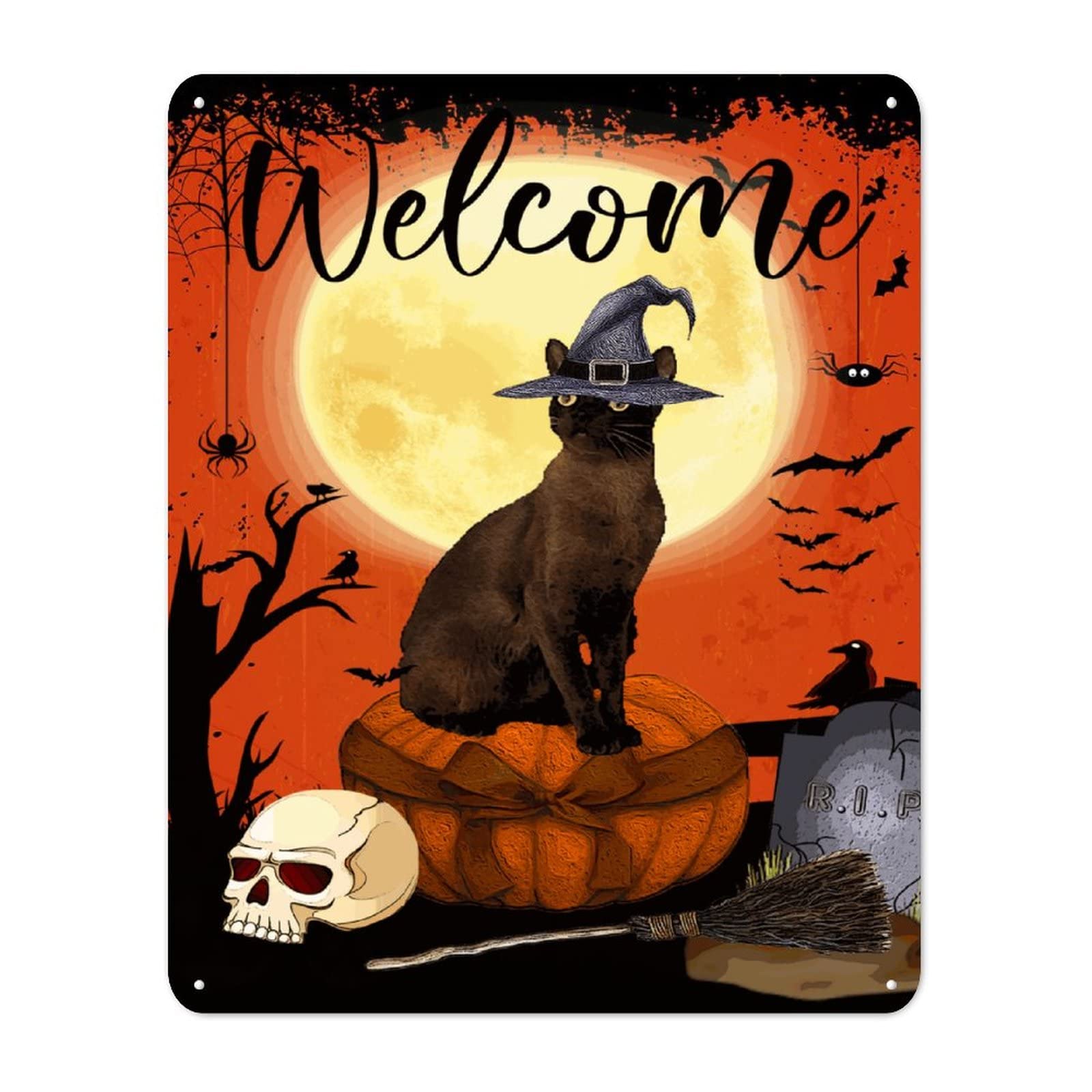 Décoration murale en métal Halloween Welcome avec sorcière et citrouille 30x40 cm