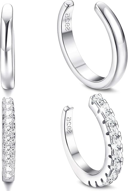 Adramata 2Pairs 925 Sterling Silver Ear Cuffs for Women Small Hoop Earrings Smooth Cubic Zirconia Paved Non-Piercing Cartilage Clip On Wrap Earring Adjustable