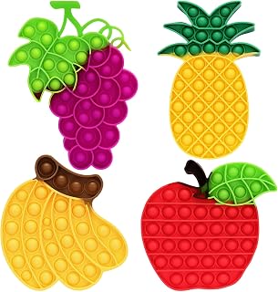 4 PCS Fruit Fidget Push Toy, Silicone Push Bubble Fidget Sensory Toys, Anxiety Relief Squeeze Toy for Kids Adults Classroom Party Favor - Apple, Banana, Grape, Pineapple