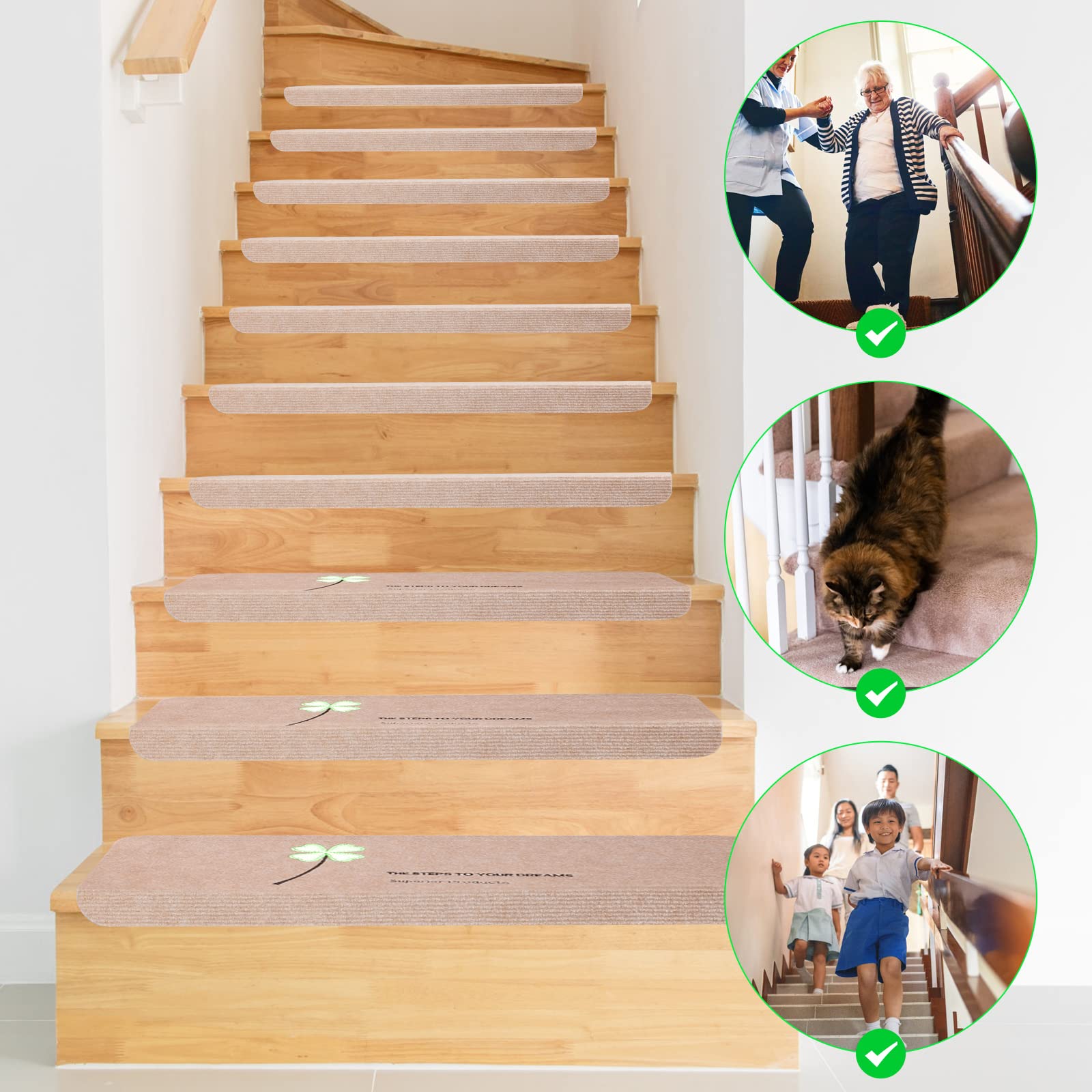 15 Piezas Alfombras De Escalera 22 * 55cm, Escalera Alfombra Luminosa Antideslizantes para escalones de Madera Alfombra Interior alfombras de Escalera Alfombrillas con Respaldo de Goma