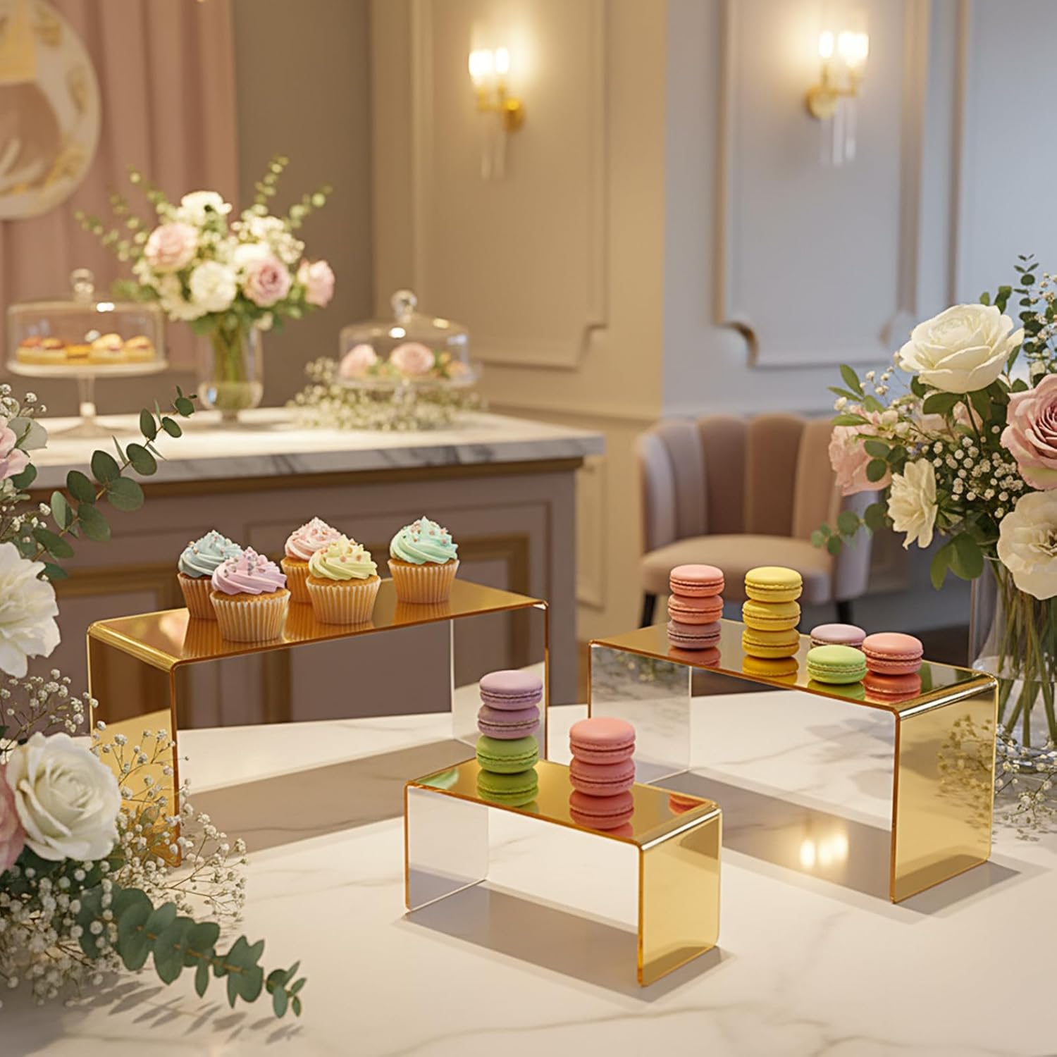 Chuangdi 2 Sets Acrylic Display Risers, Product Stand, Jewelry Display Riser Shelf Showcase Fixtures for Dessert Cupcake Candy Figure Treat Action Showcase (Gold,Large Set) - Image 4