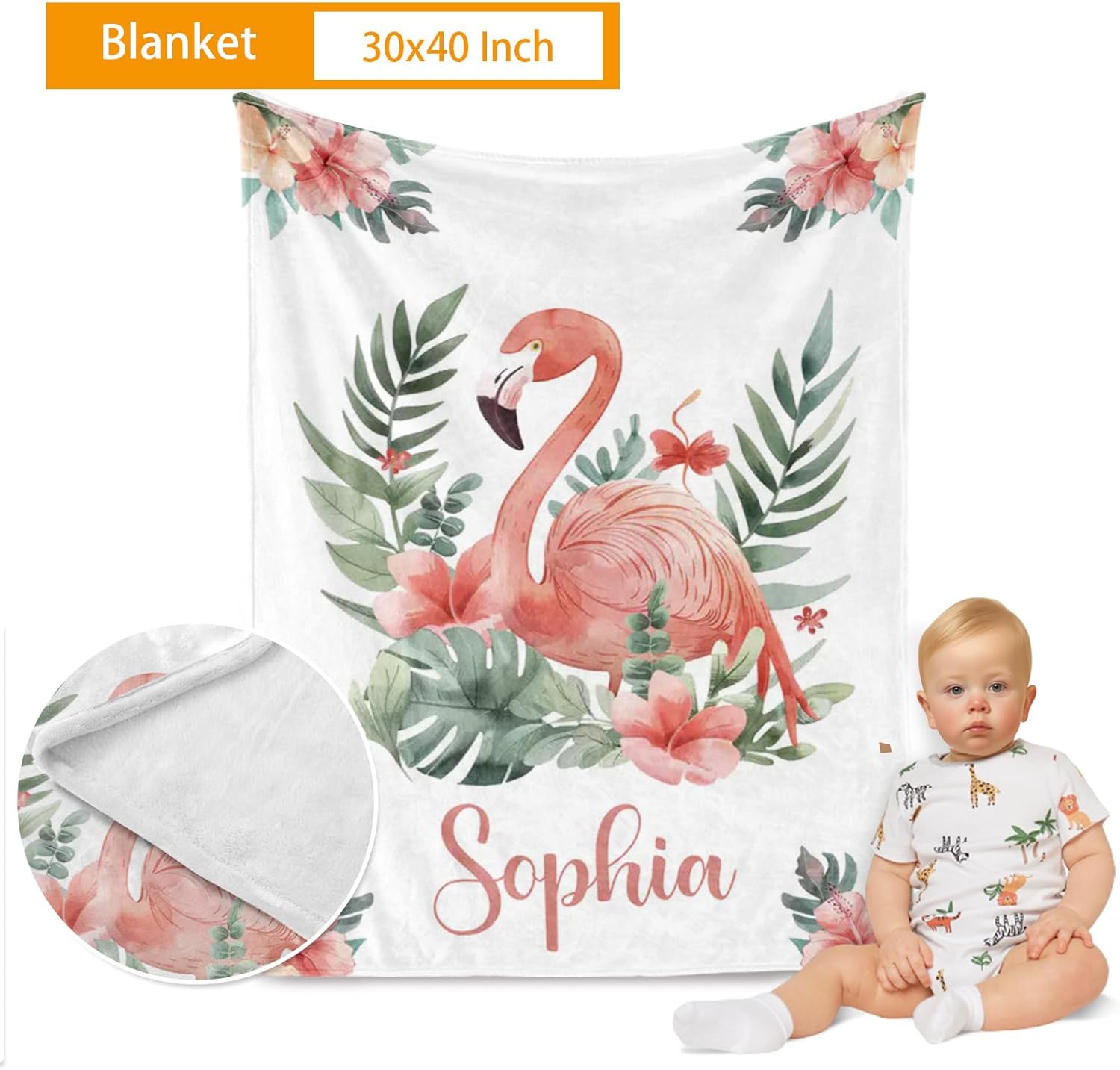 Custom Baby Crib Bedding Set, 4 Pcs Personalized Flamingo Bedding Set with Name, Flannel Blanket Fitted Sheet Pad Cover Rug for Girls Boys New Parents Baby Shower Toddlers Gifts Nursery Decor