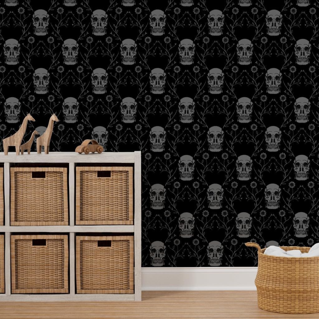 Spoonflower Peel & Stick Wallpaper 3ft x 2ft - Vintage Skull Damask Black Grey Skull Spooky Bone Zombie Custom Removable Wallpaper