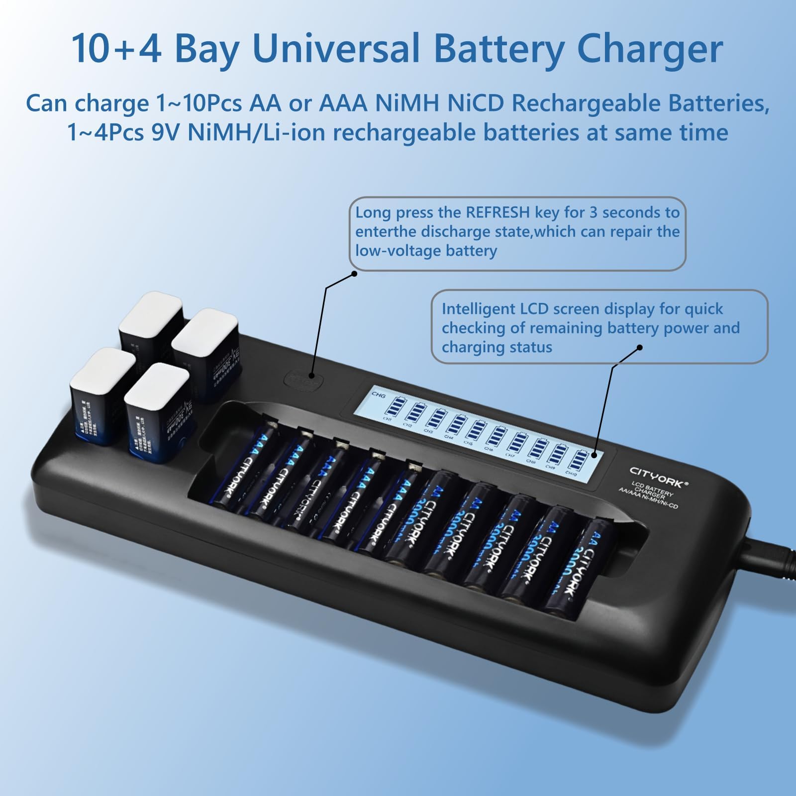 CITYORK Batteria da 10 + 4 slot LCD, per batterie ricaricabili da 1,2 V, AA/AAA NI-MH, batterie ricaricabili agli ioni di litio da 9 V, con protezione IC integrata