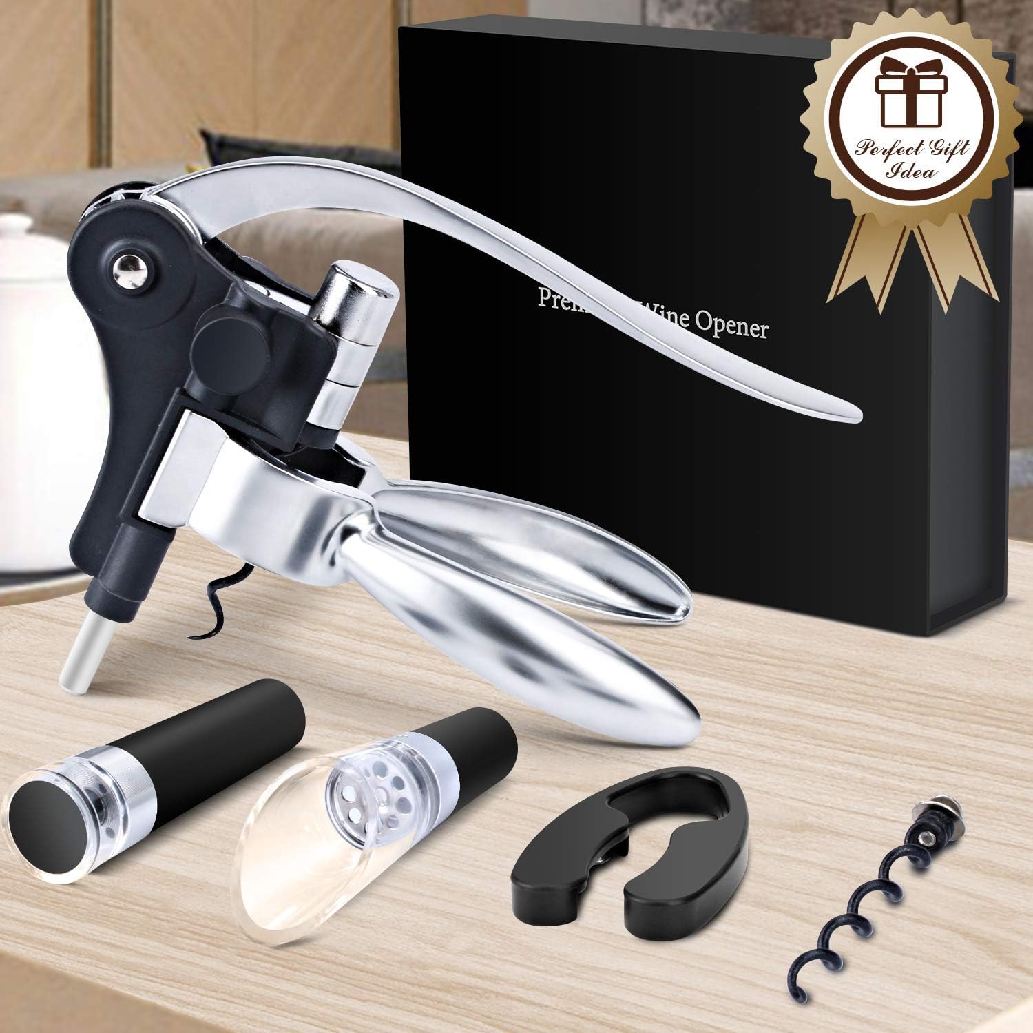 Korkenzieher Wein Geschenkset Flaschenöffner, Premium Weinöffner-Set mit Kapselschneider, Weinausgießer, Vakuum Weinverschluss, für alle Arten von Korken, Geschenk für Männer und Frauen