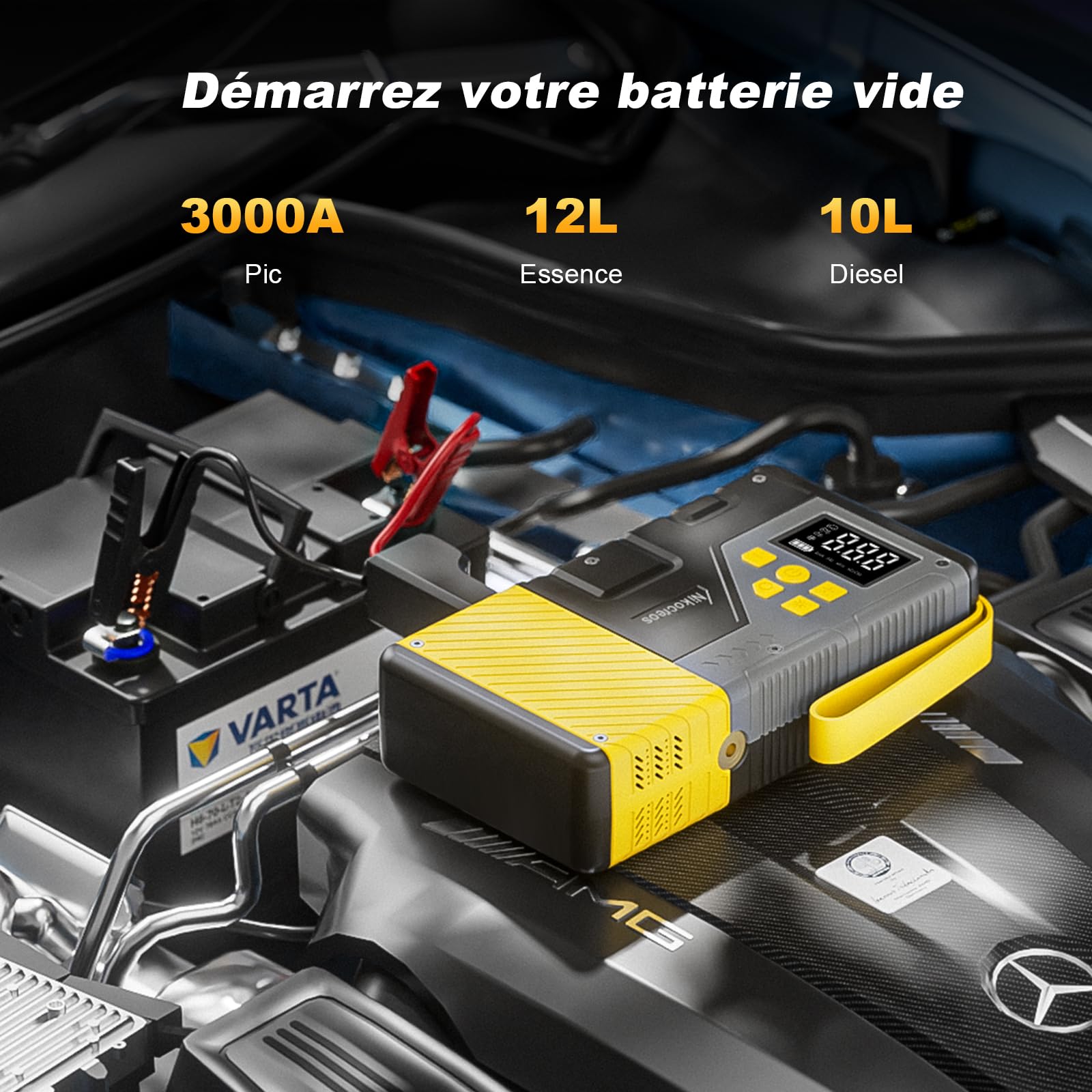 Démarreur de voiture portable avec compresseur d'air pour les situations d'urgence, pic de 3000 A et max 150 PSI, compatible avec les moteurs essence de 12 L et diesel de 10 L, lampe LED