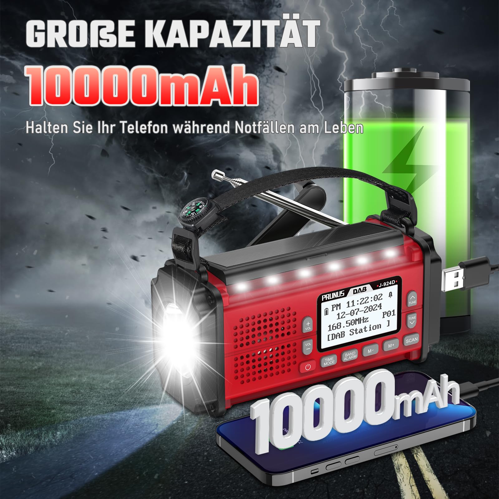 PRUNUS J-924D Digital Radio DAB+/UKW, Kurbelradio Notfall mit 10000mAh Akku, DAB Radio mit Bluetooth, Notfallradio mit Taschenlampe/SOS Alarm/Handyladefunktion für Ourdoor, Notfall (Rot)