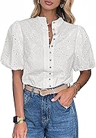 Lazysmile Women's Summer Boho Lace Blouse: Short Sleeve V-Neck Button Down Hollow Out Embroidered Top